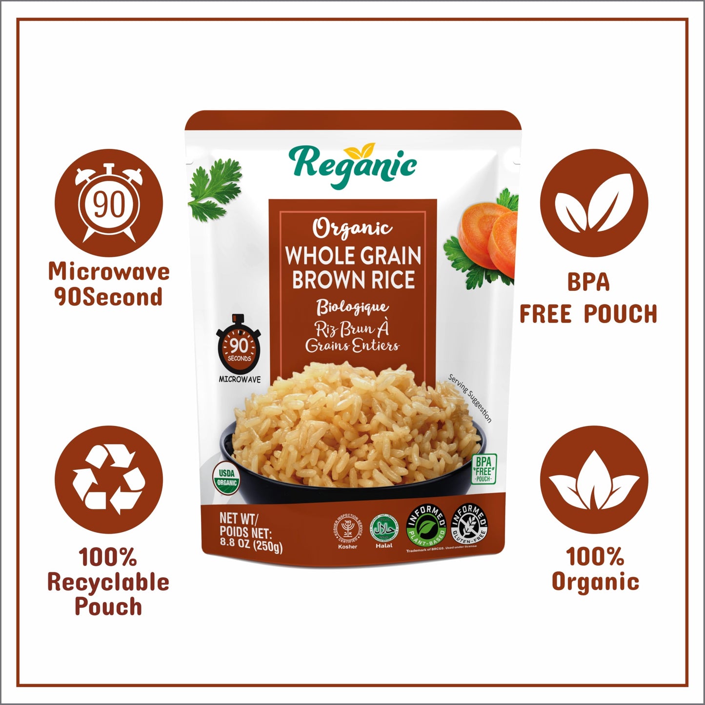 Reganic Organic Whole Grain Brown Rice Microwaveable Heat & Eat Rice, 8.8 Ounce (Pack Of 6) | Usda Certified Organic, Gmo-Free |