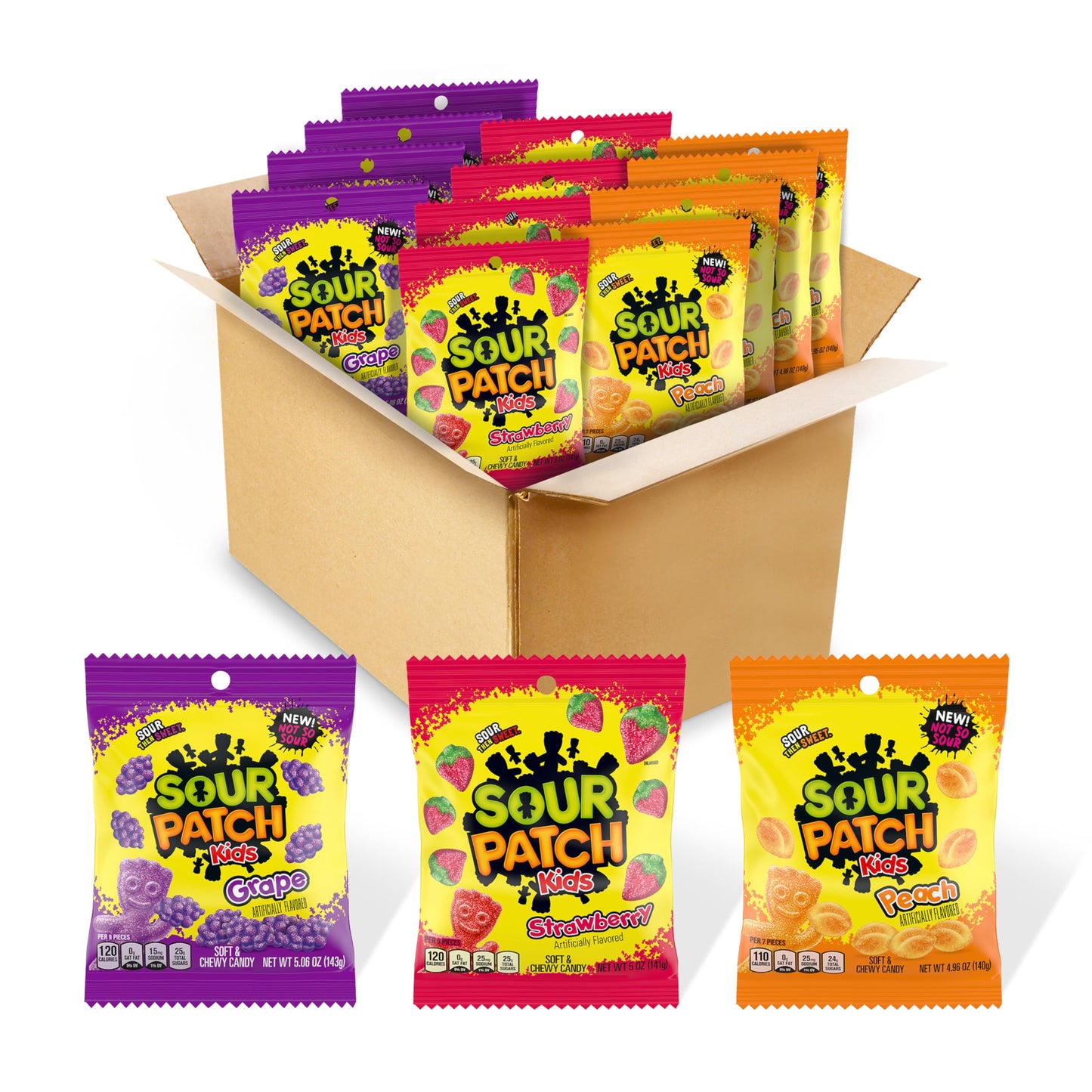 Sour Patch Kids Fruit Flavors Soft & Chewy Candy Variety Pack, Peach, Grape, Strawberry, 12 Bags