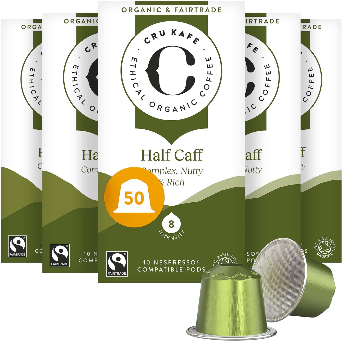 Cru Kafe USDA Organic Half Caff Espresso Coffee Capsules (50 Pods) Fairtrade Coffee Pods Compatible with Nespresso Original Line and Pixie Machines