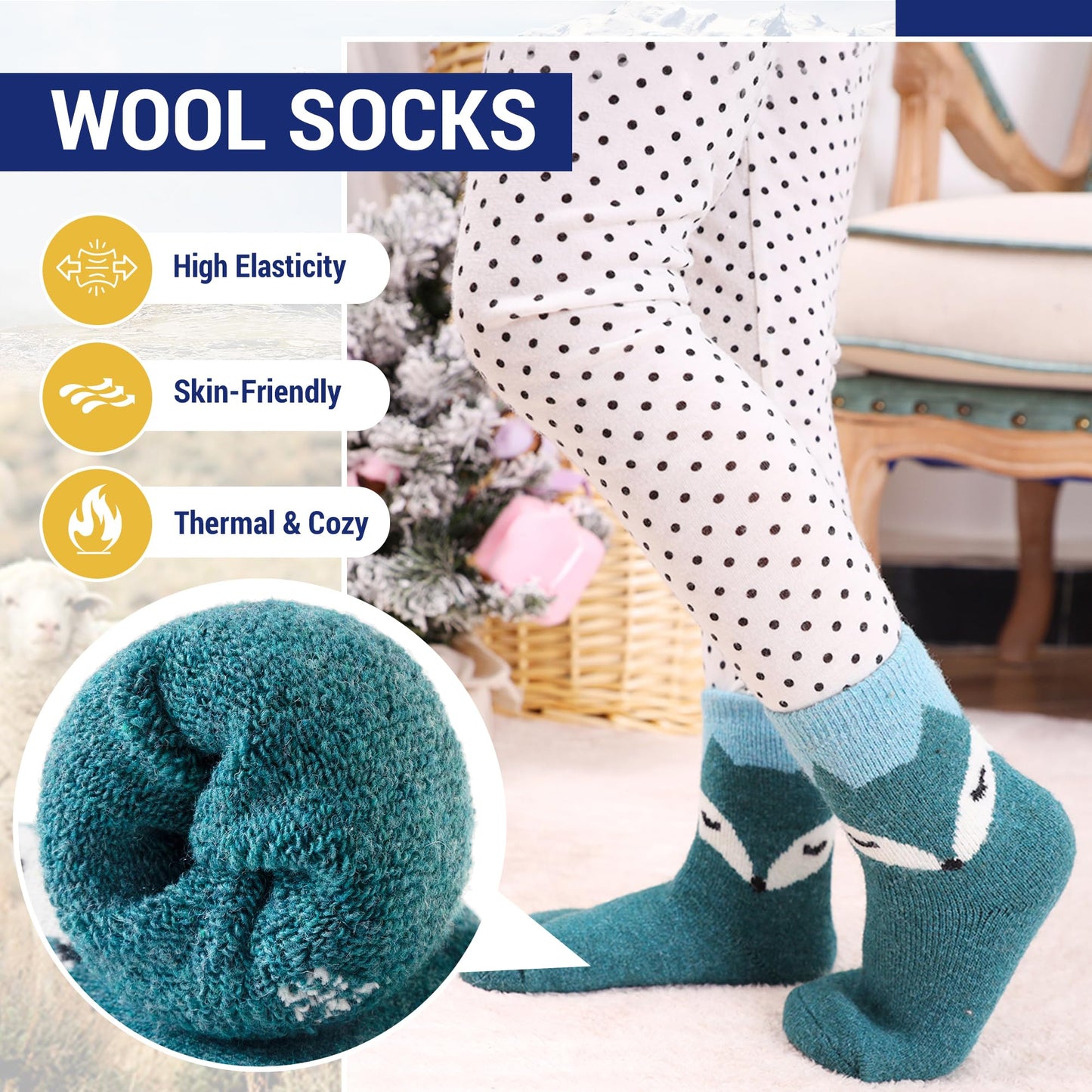 Eocom 6 Pairs Childrens Winter Warm Wool Socks Kids Toddlers Boys Girls Thermal Thick Boot Cozy Crew Socks (8-12 Years, Fox)