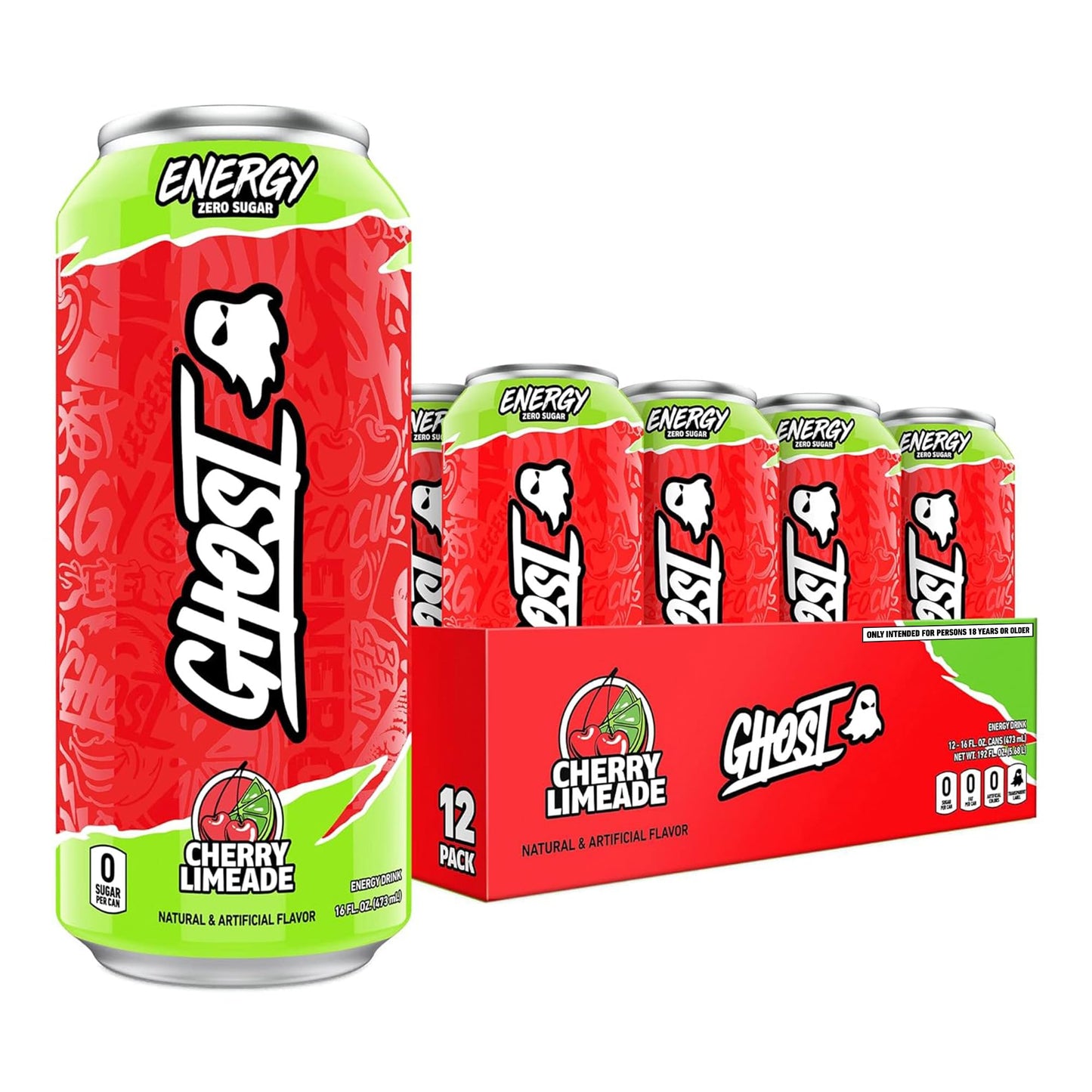 GHOST Energy Drink - Cherry Limeade - 12-Pack, 16oz - Gluten-Free, Vegan, 200mg Natural Caffeine