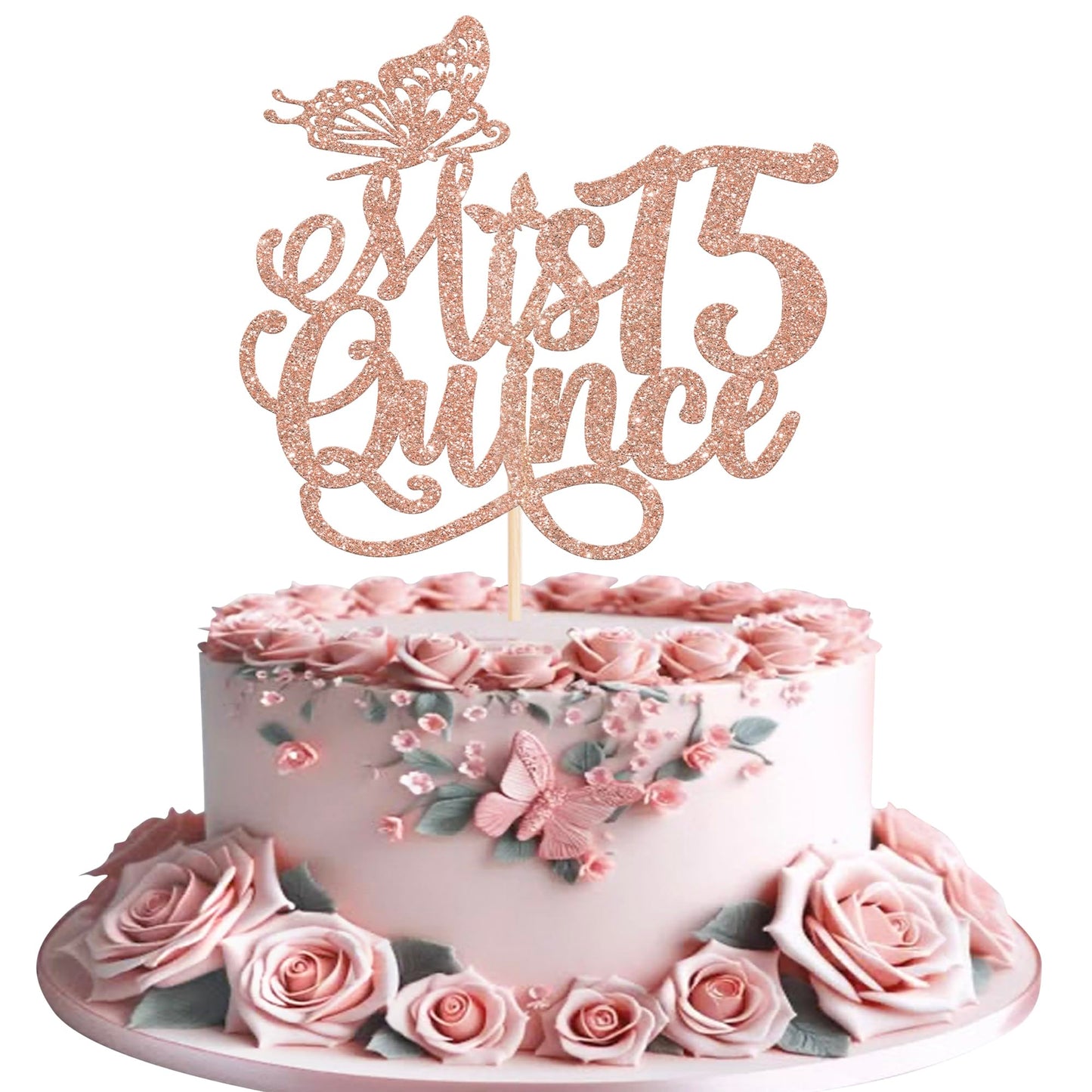 Rsstarxi Cake Topper - Glitter 15 Fabulous Fifteen, Rose Gold Cardstock Decoration for 15th Birthday Party Supplies