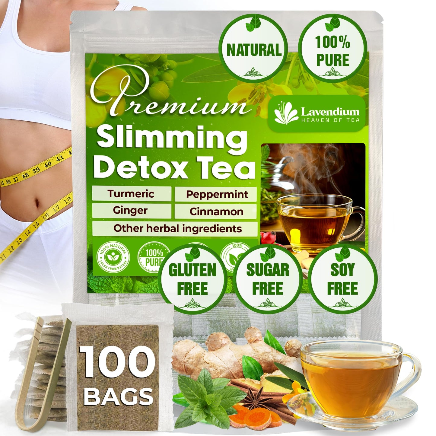 Lavendium Herbal Tea - Caffeine-Free Detox Tea with Chamomile, Hibiscus & Ginger Root - 100 Bags