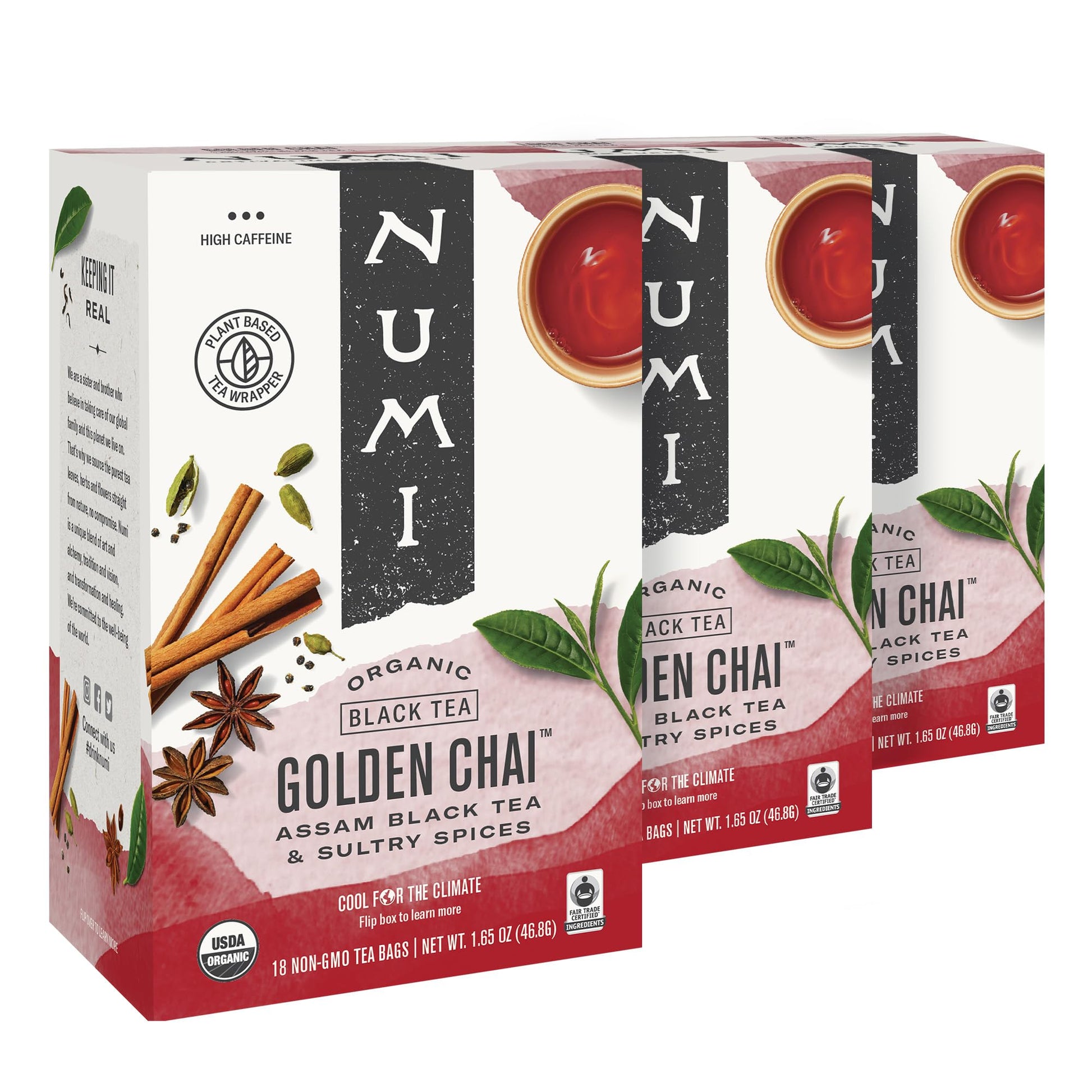 Numi Organic Golden Chai Tea, 18 Tea Bags (Pack Of 3) Assam Black Tea, Cardamom, Ginger & Anise