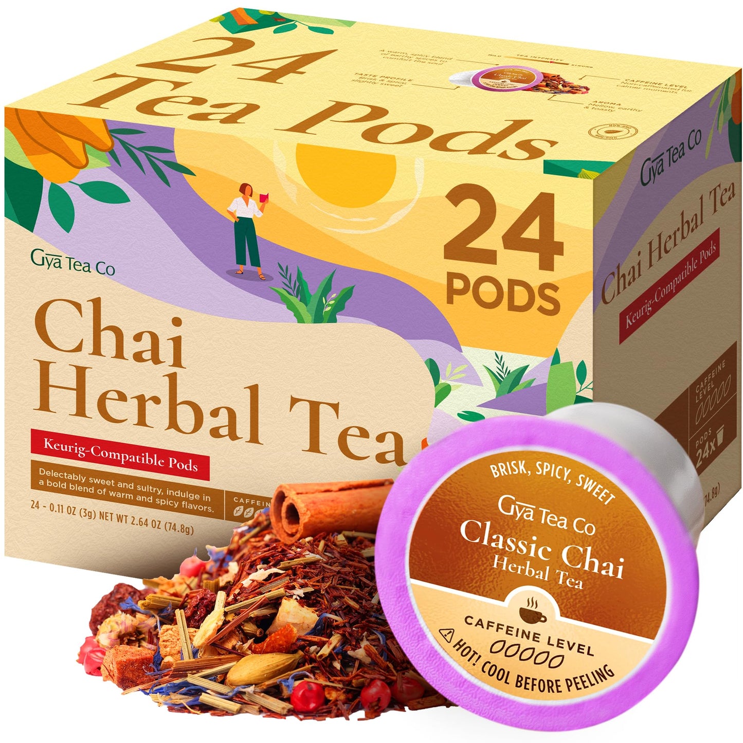 Gya Tea Co Chai Herbal Tea Pods - Decaf Hot Tea, 24 Count, Aromatic & Mellow