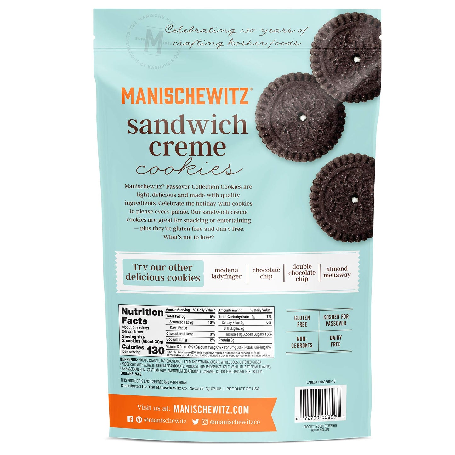 Manischewitz Grain Free Gluten Free Sandwich Cookies, 5.5Oz (2 Pack) Dairy Free Creme Filled Duplex Cookies, Tastes Like The Rea