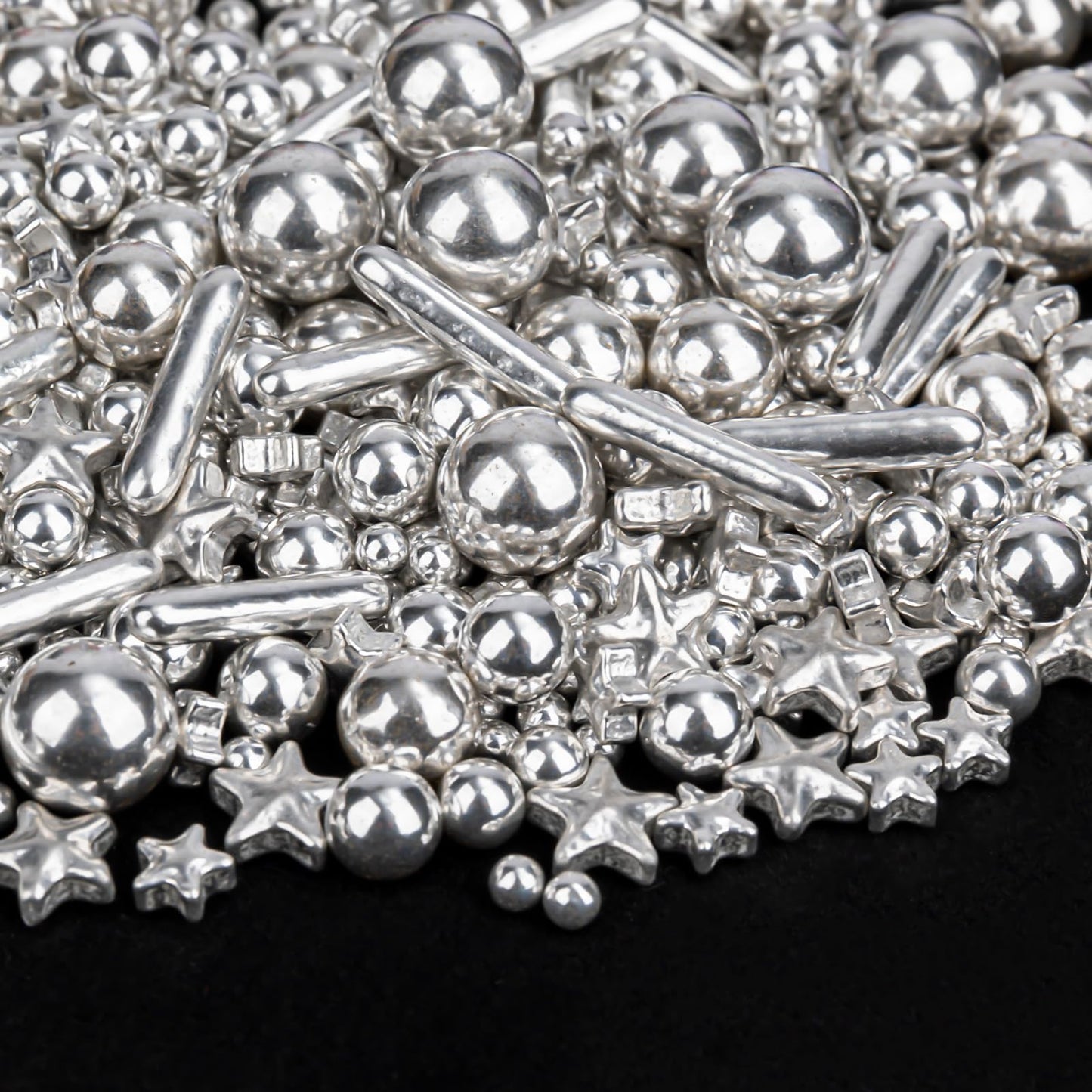 Twisweet Silver Pearl Rods Star Sprinkles, Edible Sugar Sprinkles for Cake Decorating, Mix Size Candy Pearls for Baking Cake Top