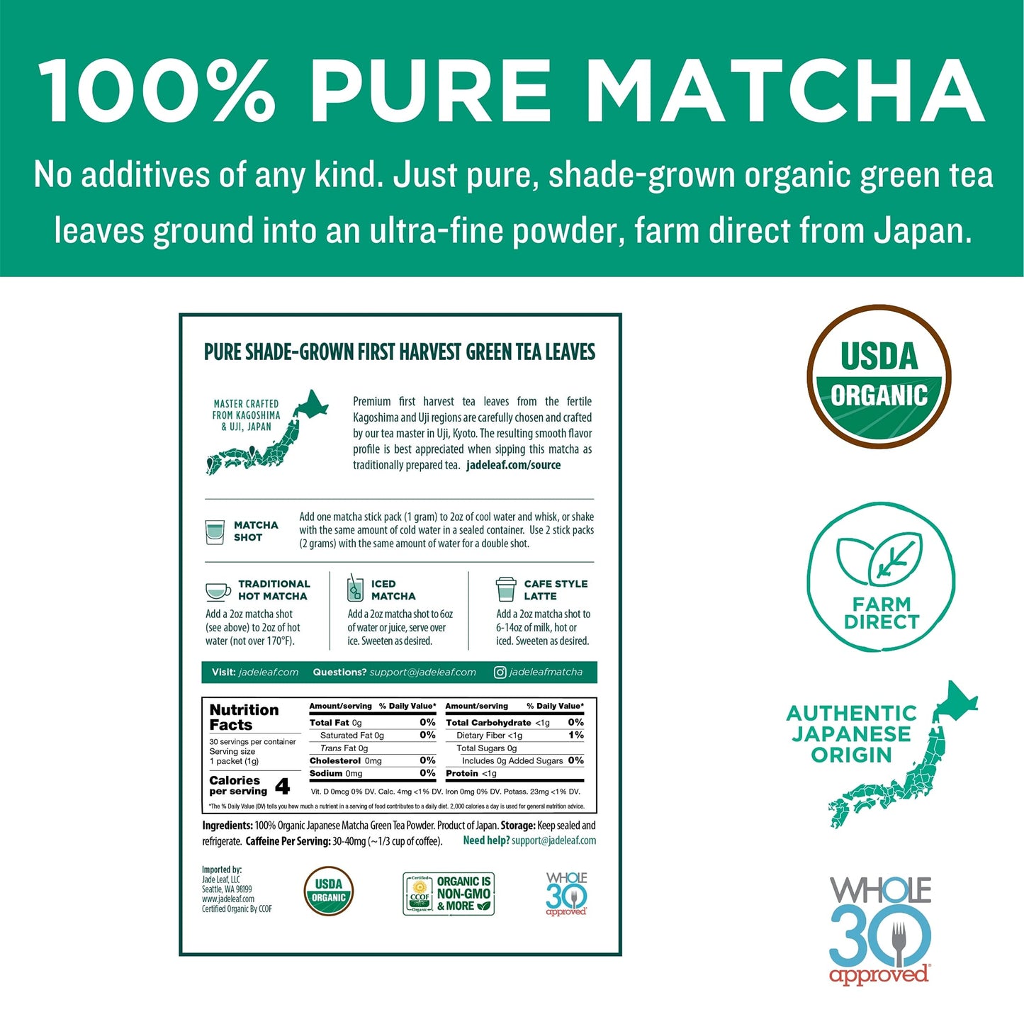Jade Leaf Matcha Organic Premium Ceremonial Grade Green Tea Powder - 0.04 Ounce (Pack of 30) - Culinary & Barista Use