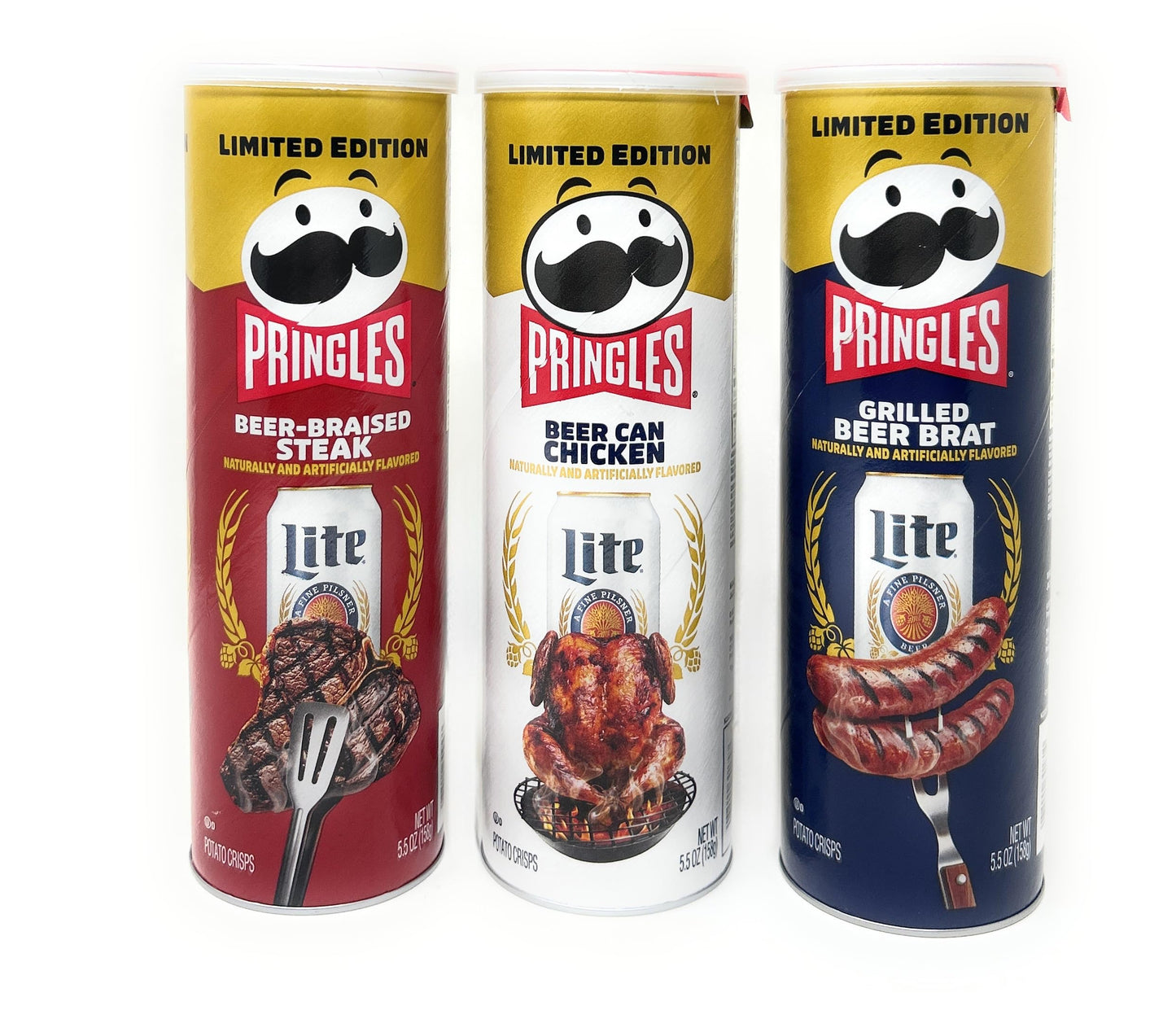 Pringles Beer Potato Chips Variety Set - 3 Flavors (Braised Steak, Chicken, Grilled Brat) - 5.5oz - Pack of 3 Cans