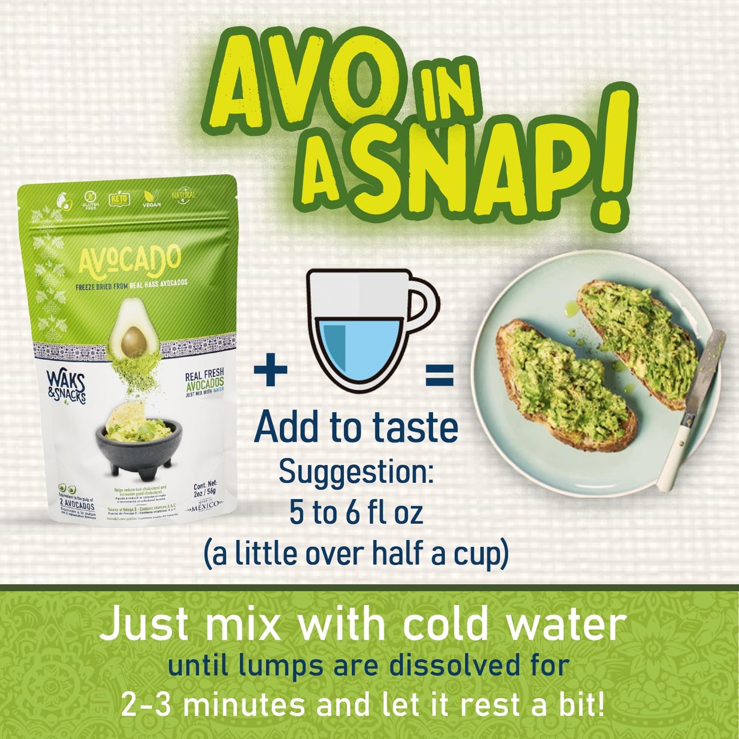 Waks & Snacks Freeze-Dried Avocado | 100% Fresh Hass Avocados, Perfect For Toast | Energizes Camping & Hiking Meals | Lightweight, Vegan, Gluten-Free | 2 Avocados | 2 Oz, 3-Pack