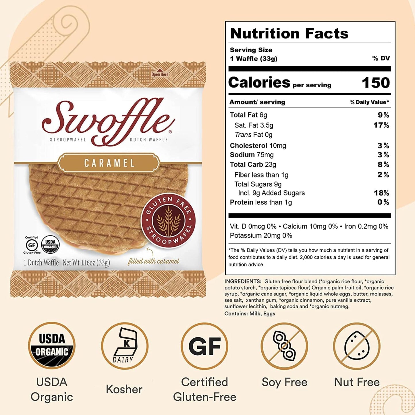 Gluten Free Certified Organic Stroopwafels by Swoffle - Caramel Filled & French Vanilla | (8) Individually Wrapped Waffles, (4)