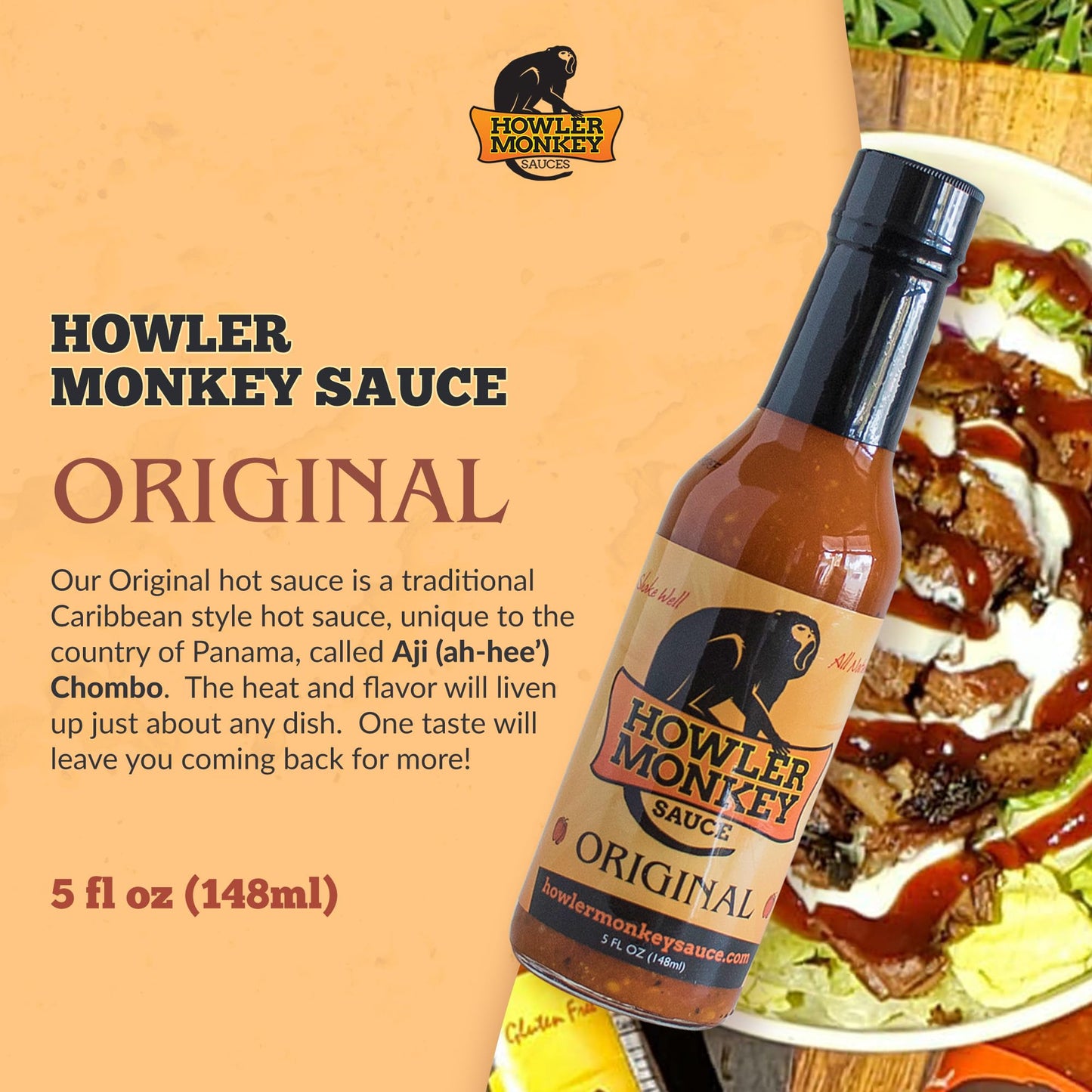 Howler Monkey Sauce Original - Panamanian Style Hot Sauce By Aji Chombo Peppers From The Caribbean - Gluten-Free, No Carbs, Low