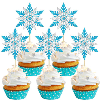 Gyufise 24 Pack Snowflake Cupcake Toppers Double Layers Silver And Blue Winter Frozen Theme Cupcake Picks Baby Shower Kids Birth