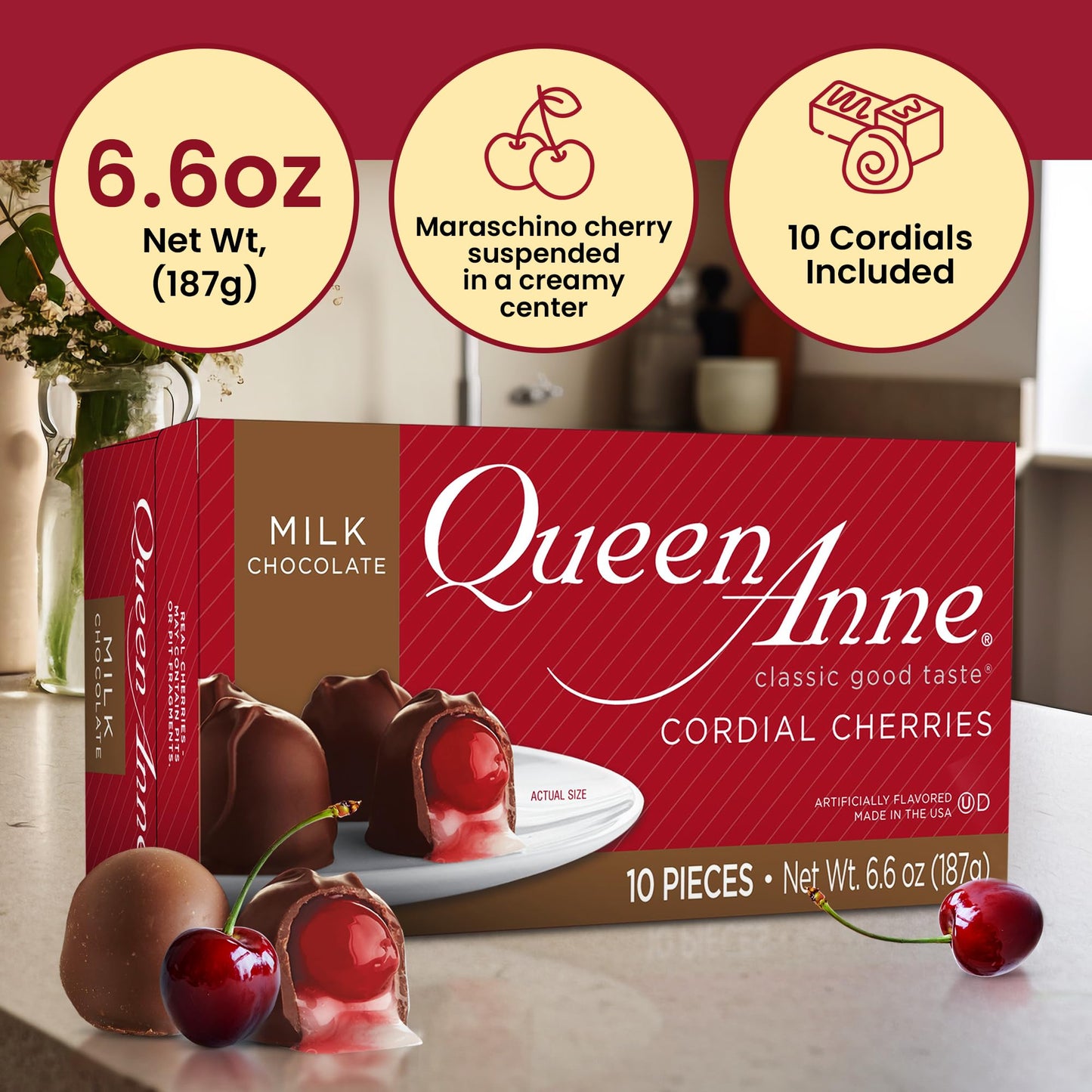 Queen Anne Milk Chocolate Covered Cordial Cherries | 6.6 Oz | 10 Piece Gift Box | Whole Maraschino Cherry Creamy Filled Liquid C