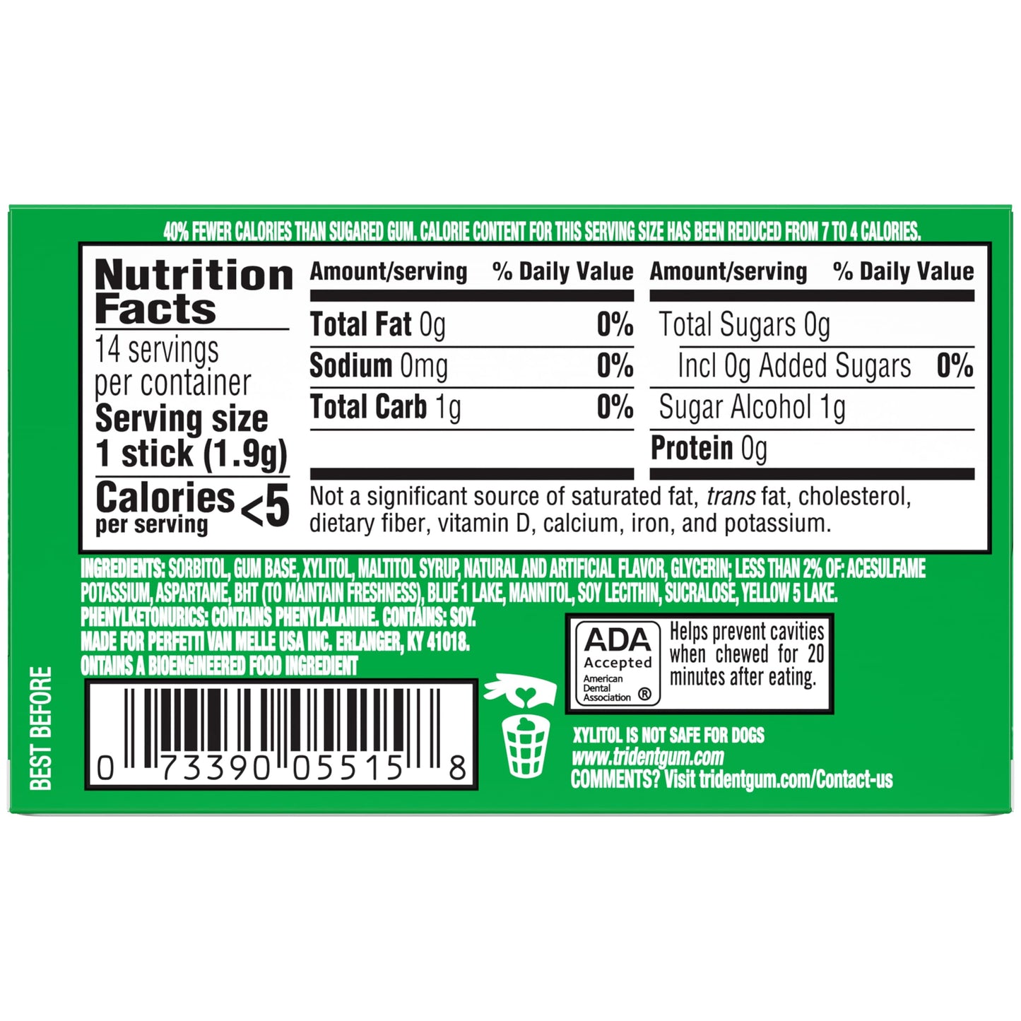 Trident Spearmint Sugar-Free Chewing Gum, 12 Packs of 14 Pieces (168 Total Pieces)