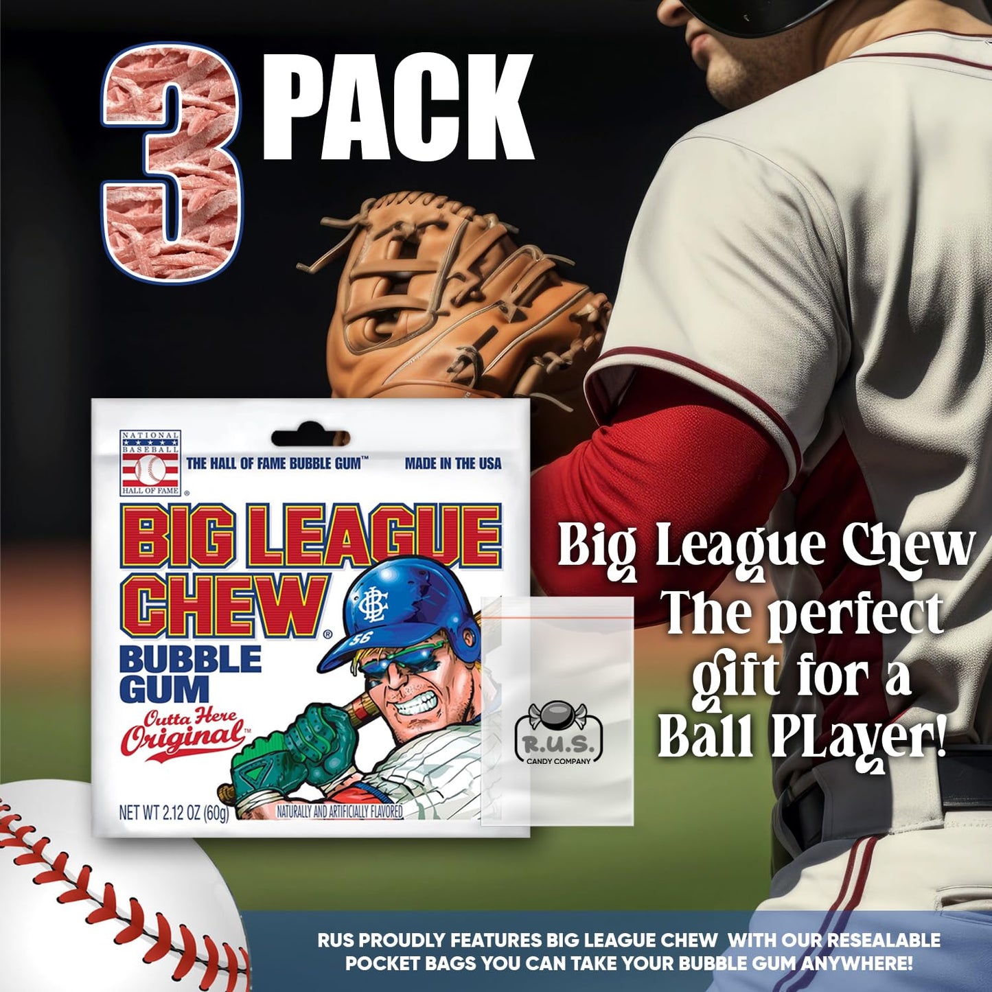 Big League Chew- Outta Here Originalflavored Shredded Bubble Gum- 3 Pack- 2.12Oz Each Plus Rus Candy Company Pocket Bag Bundle (