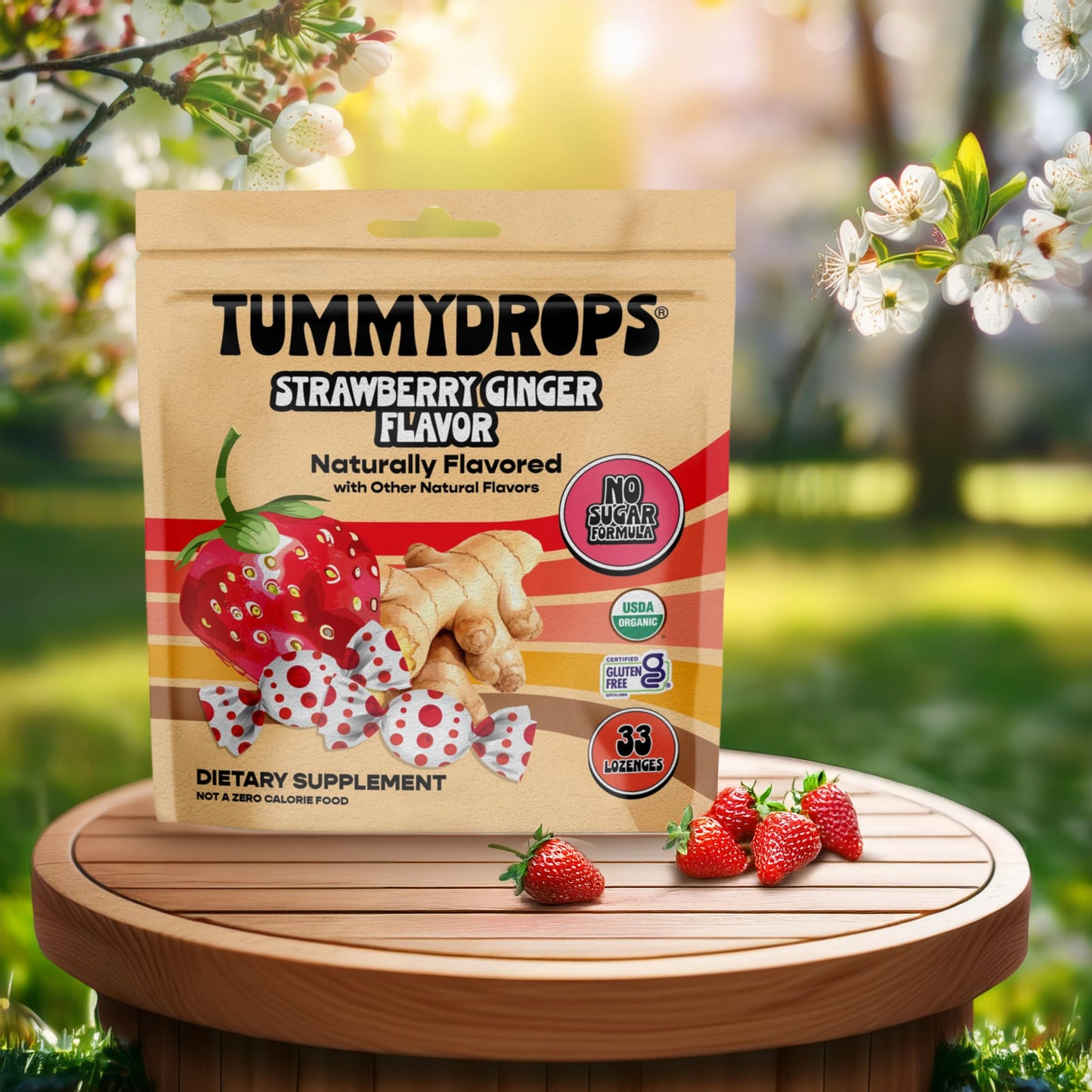 Tummydrops, No Sugar Strawberry Ginger Flavor, Gluten Free & Vegan, 33 Individually Wrapped Organic Ginger Lozenges Made With Or