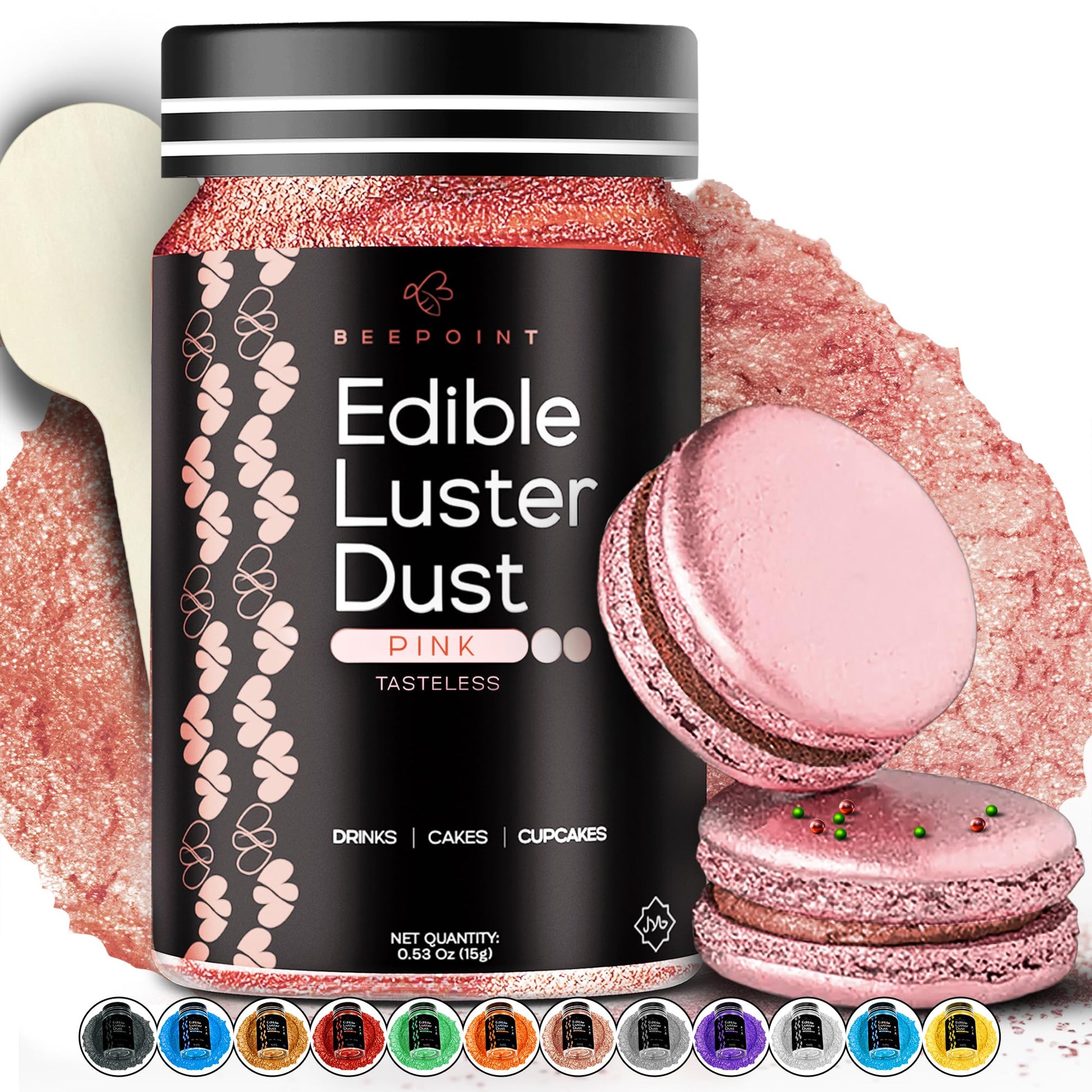 BeePoint Edible Glitter Luster Dust - Vegan, Gluten Free, 15g, Pink Shimmer Powder for Baking, Cocktails, Cake Decorating, and Sweets