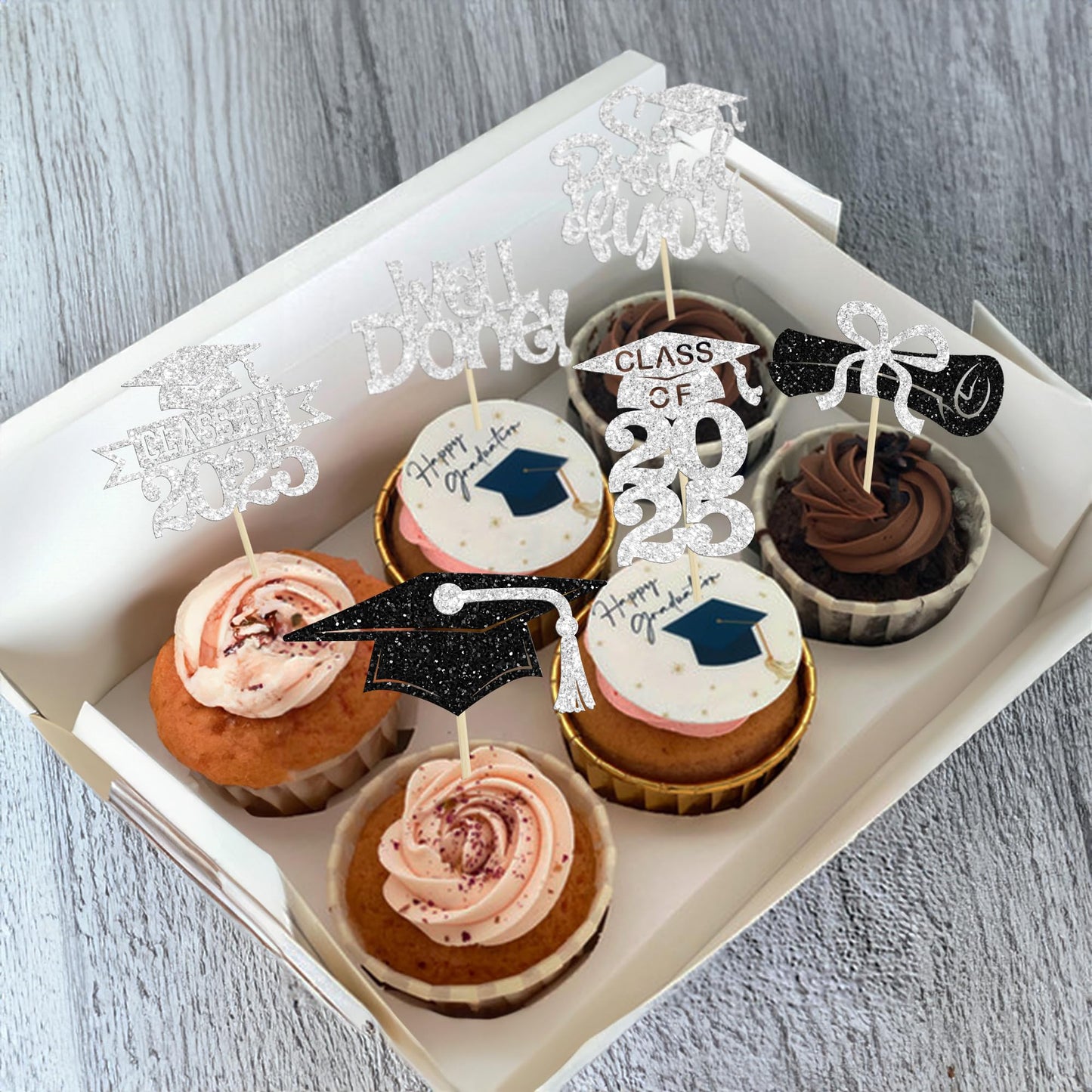 Gyufise 24Pcs Class Of 2025 Cupcake Toppers Glitter Congrats Grad 2025 Done Diploma Cupcake Picks For Class Of 2025 Graduation T