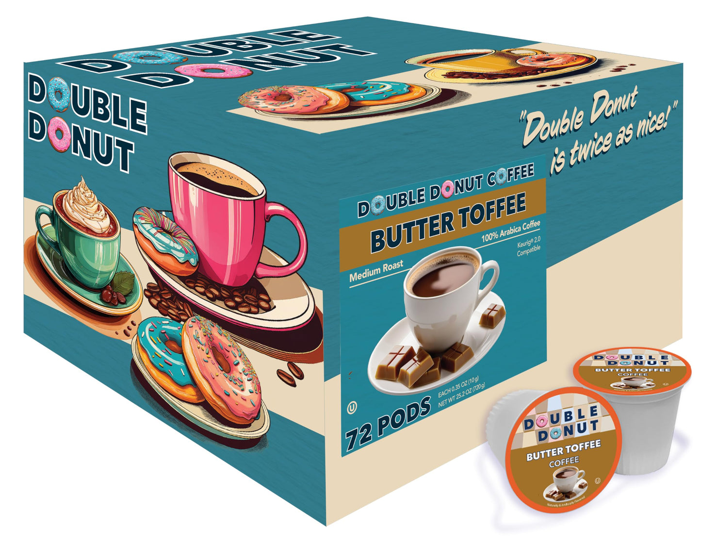 Double Donut Coffee Pods, Toffee Flavored, Medium Roast, Compatible with Keurig, 72 Count