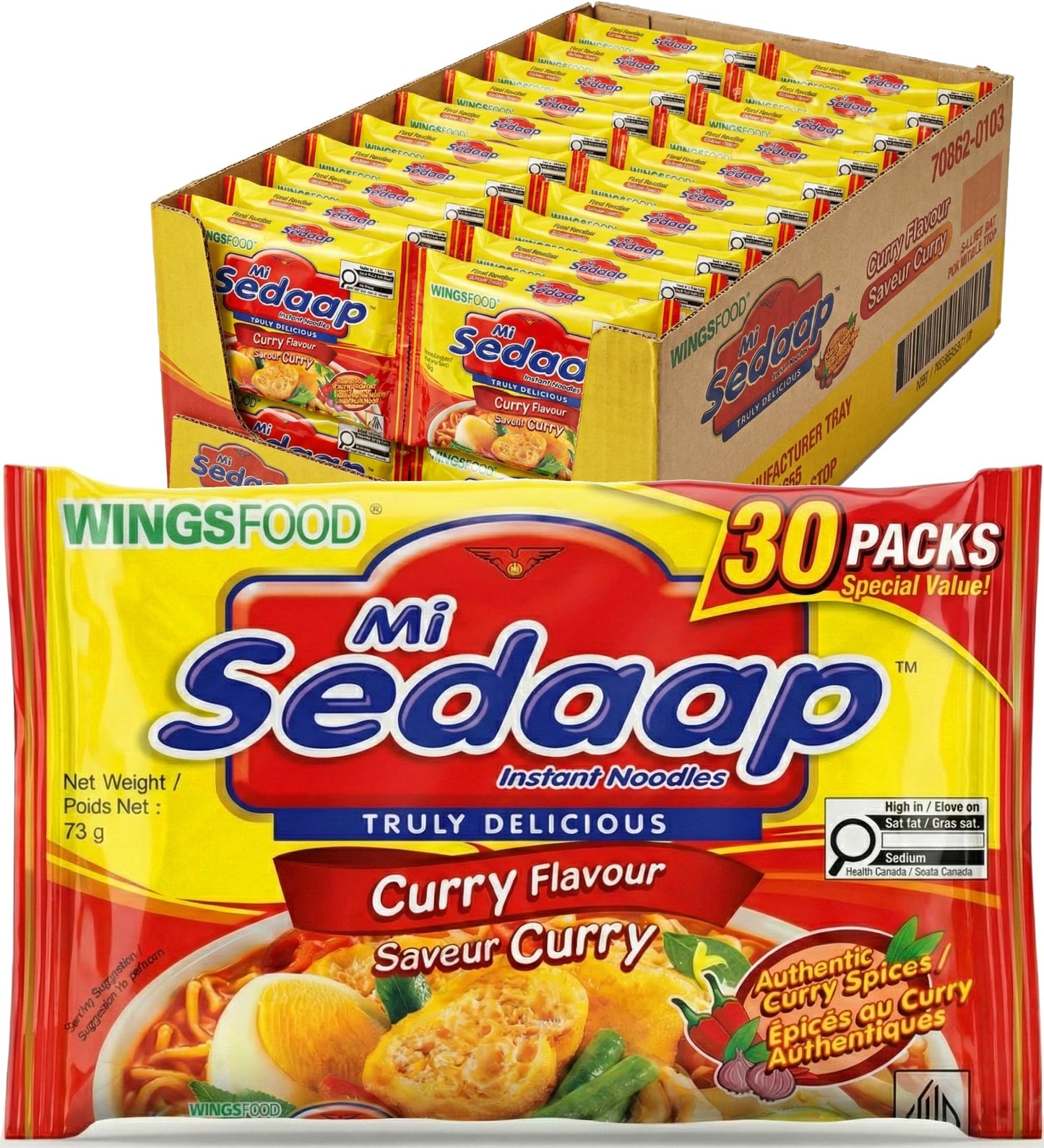 Mi Sedaap Curry Flavor Instant Noodles Pack of  30 - Indonesian curry ramen cups, stir fry cup noodles