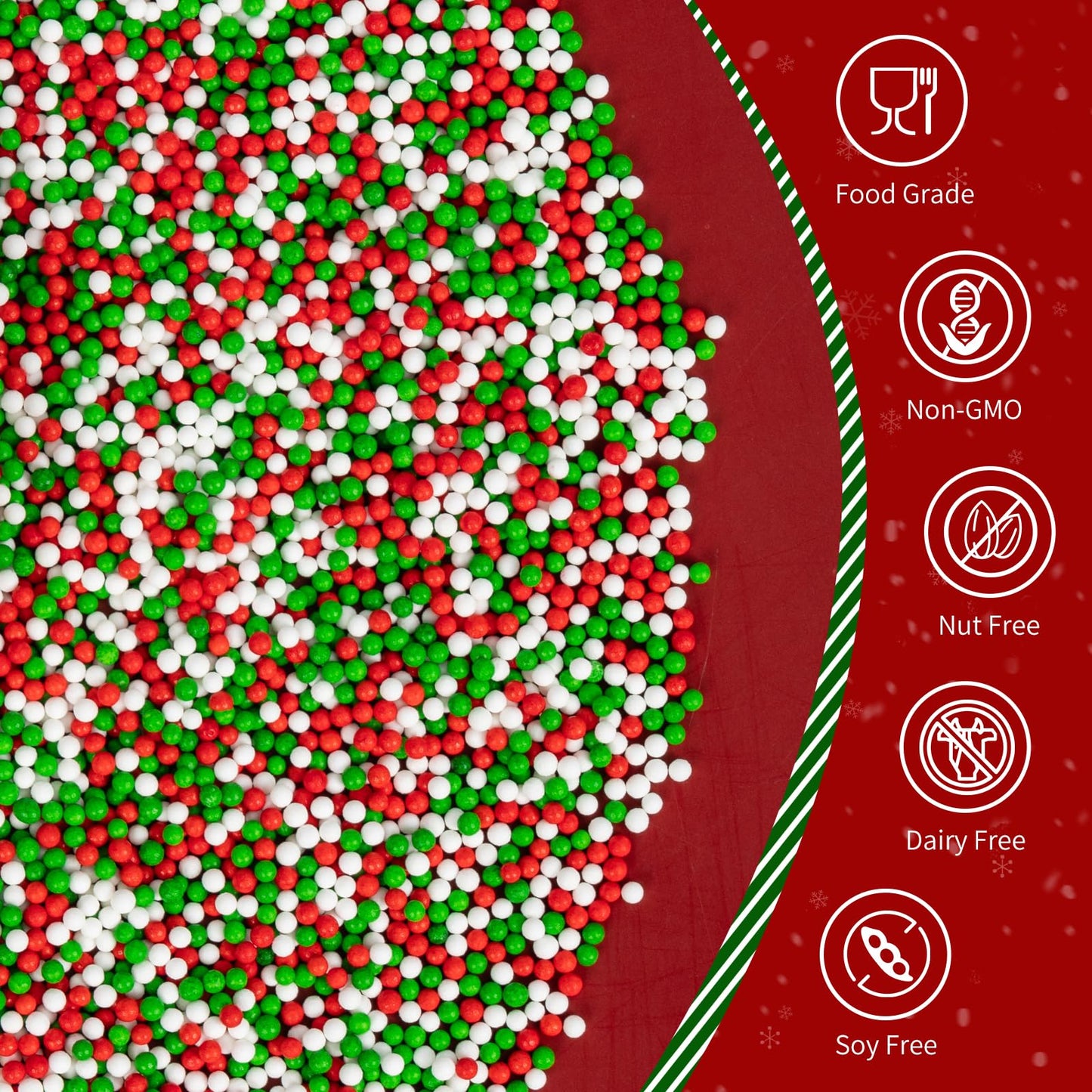 Christmas Nonpareils Sprinkles for Cake Decorating,130g White Red and Green Mini Pearls Mix,Edible Sugar Holiday sprinkle for Cu