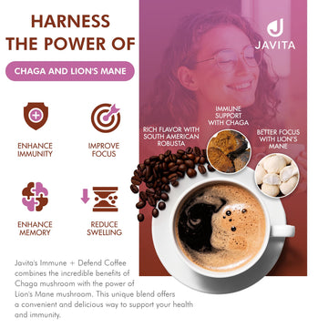 Javita Immune + Defend Mushroom Coffee - South American Dark Roast Robusta W/Chaga & Lions Mane, Overall Immune Health Support,