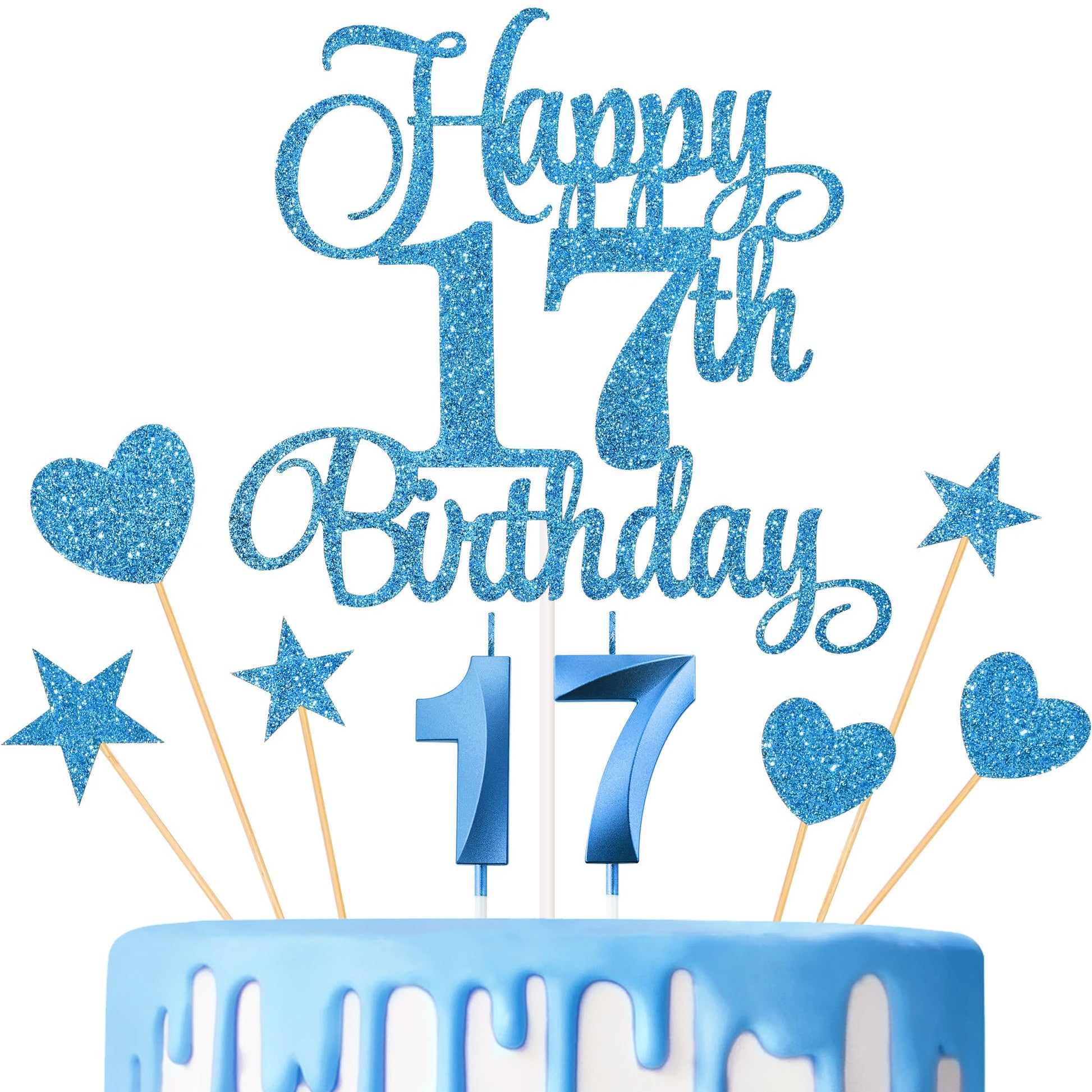 Lecferrarc 17th Birthday Cake Decorations Set, Blue Glitter Cake Toppers and Candles