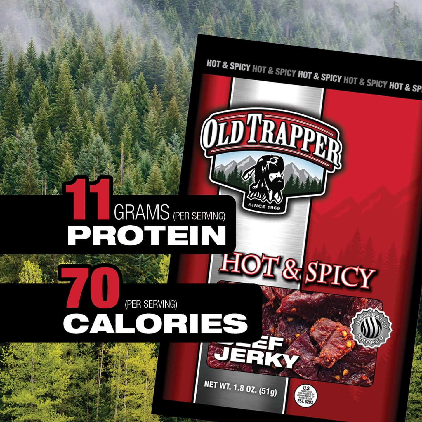 Old Trapper Beef Jerky, Hot & Spicy Flavor, 1.8-Ounce Individual Packs, Great Size For Quick Snacking, 11 Grams Of Protein And 7