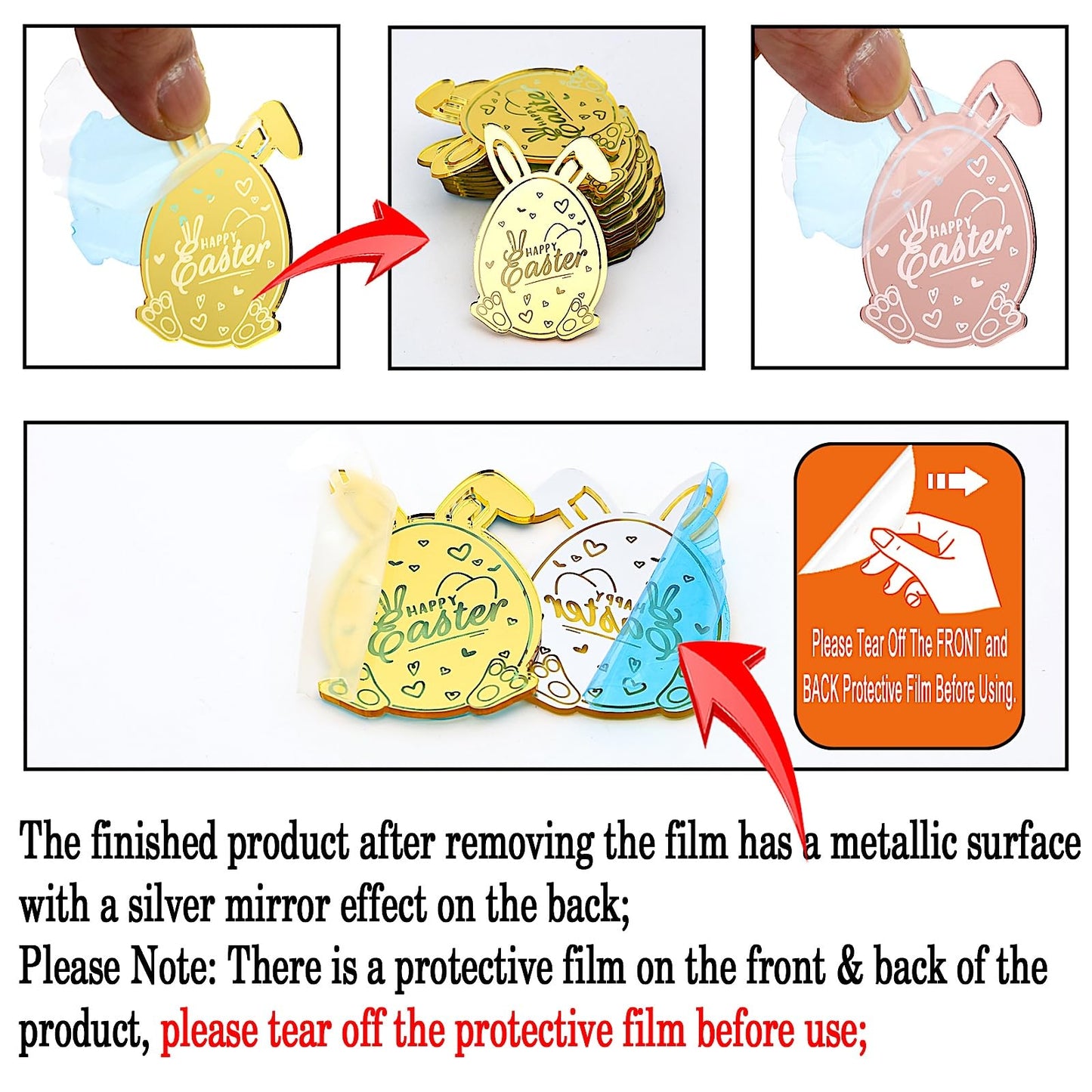 Aiqi Bakes 24 Pieces Happy Easter Bunny Cupcake Toppers, Rabbit Ears Egg Gold Mirror Acrylic Cake Toppers For Easter Spring Them