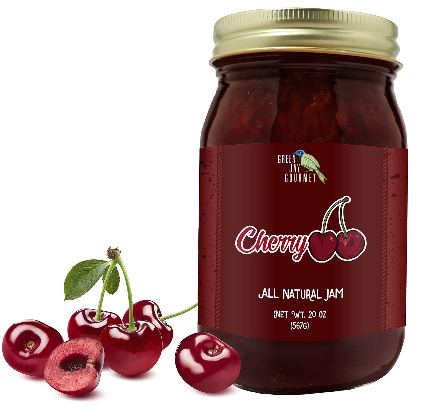 Green Jay Gourmet Cherry Jam - All-Natural Fruit Jam With Cherries & Lemon Juice - Vegan, Gluten-Free Jam - Contains No Preserva