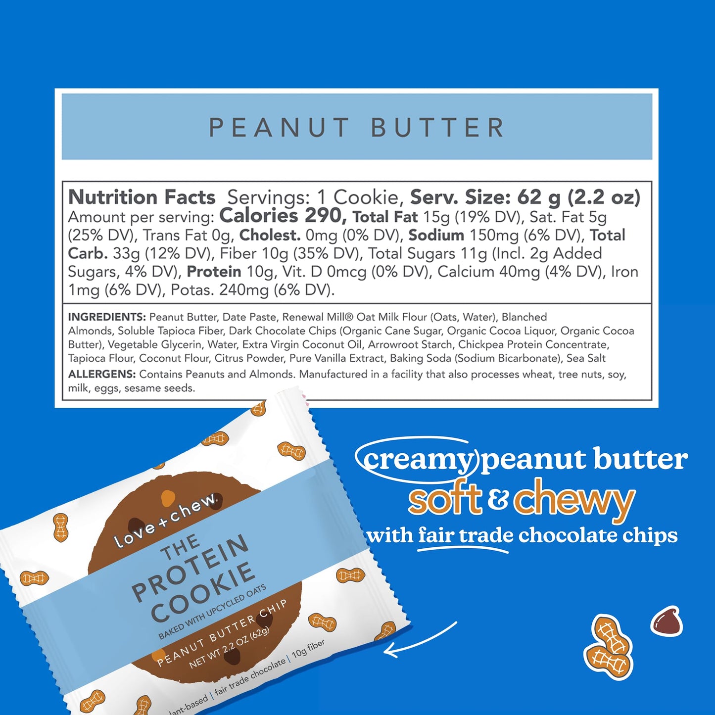 Love + Chew Soft Baked Protein Cookies, Peanut Butter Chip Flavor, Plant Based Cookie Made With Oat Flour & Dark Chocolate for K