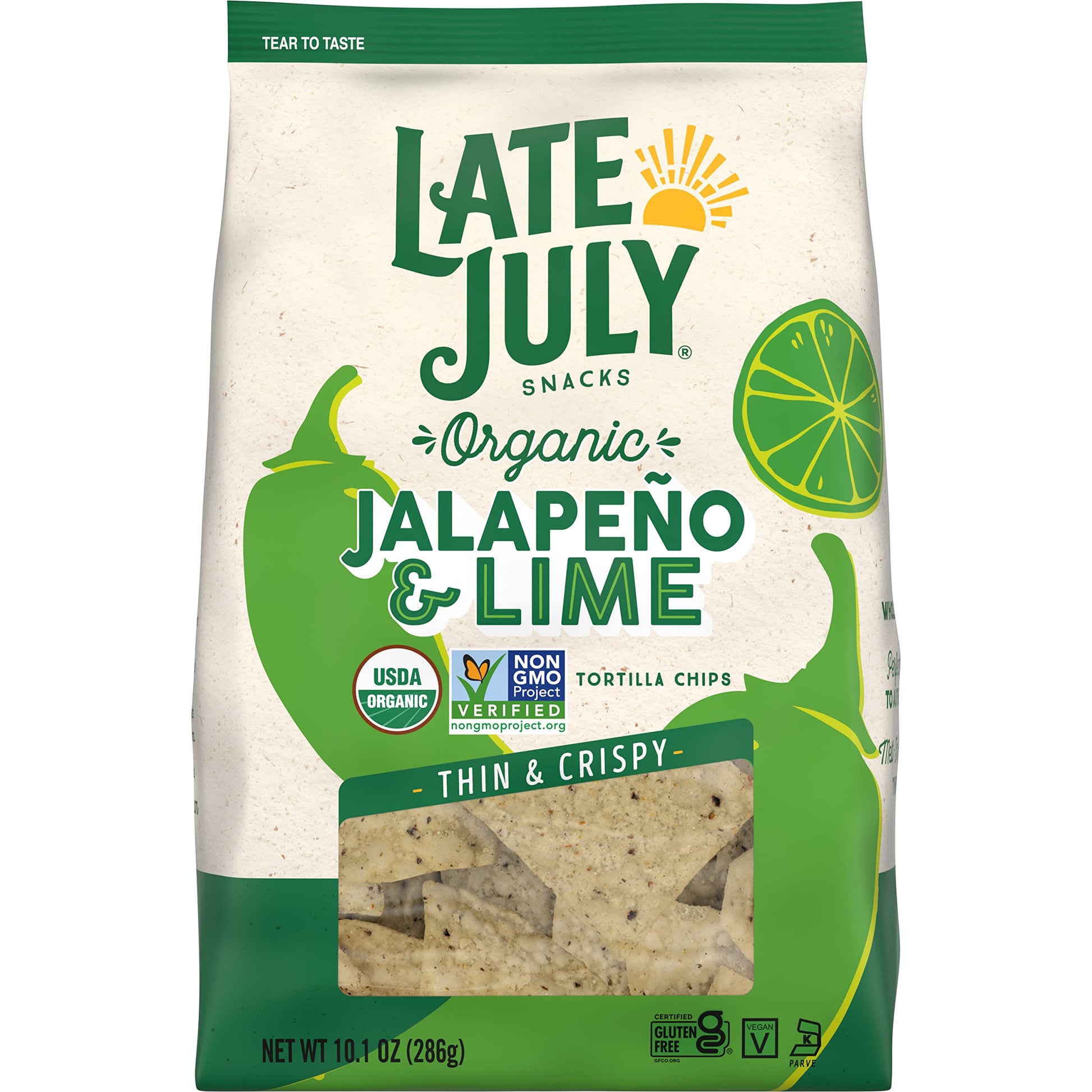 Late July Snacks, Thin and Crispy Organic Tortilla Chips, Jalapeo & Lime, 10.1-oz. Bag (Pack of 9)