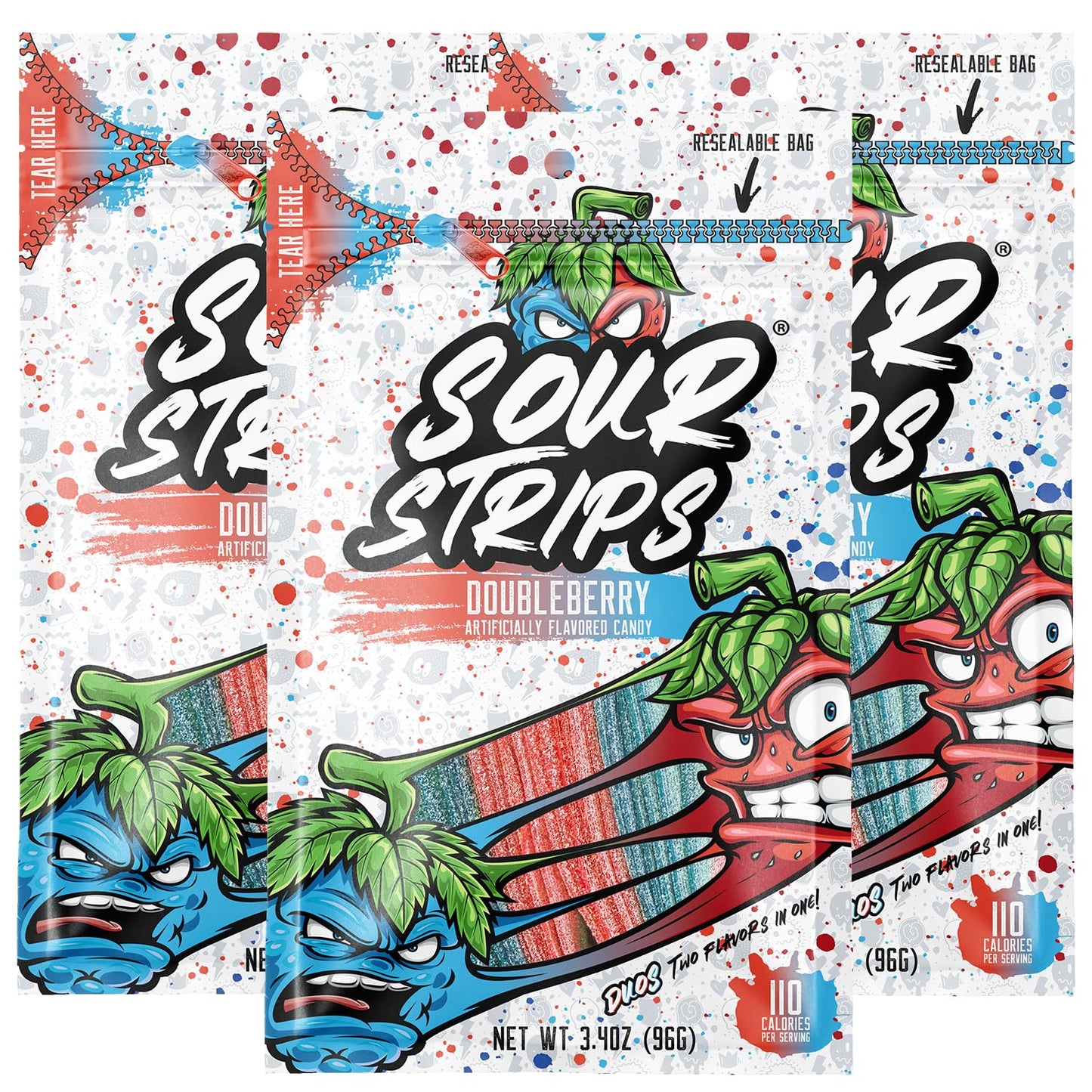 SOUR STRIPS Sour Candy Strips, Chewy Doubleberry Flavor, 3-Pack Vegetarian Candy