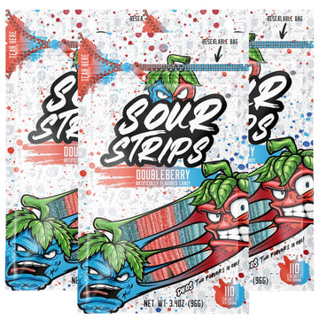 SOUR STRIPS Sour Candy Strips, Chewy Doubleberry Flavor, 3-Pack Vegetarian Candy