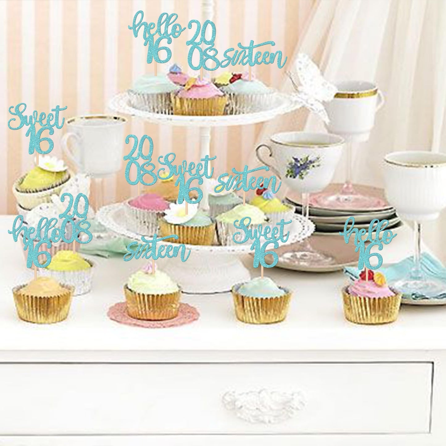 ZHUOWEISM 24PCS Cupcake Toppers Glitter Happy 16th Birthday Decorations Small Light Blue Bamboo