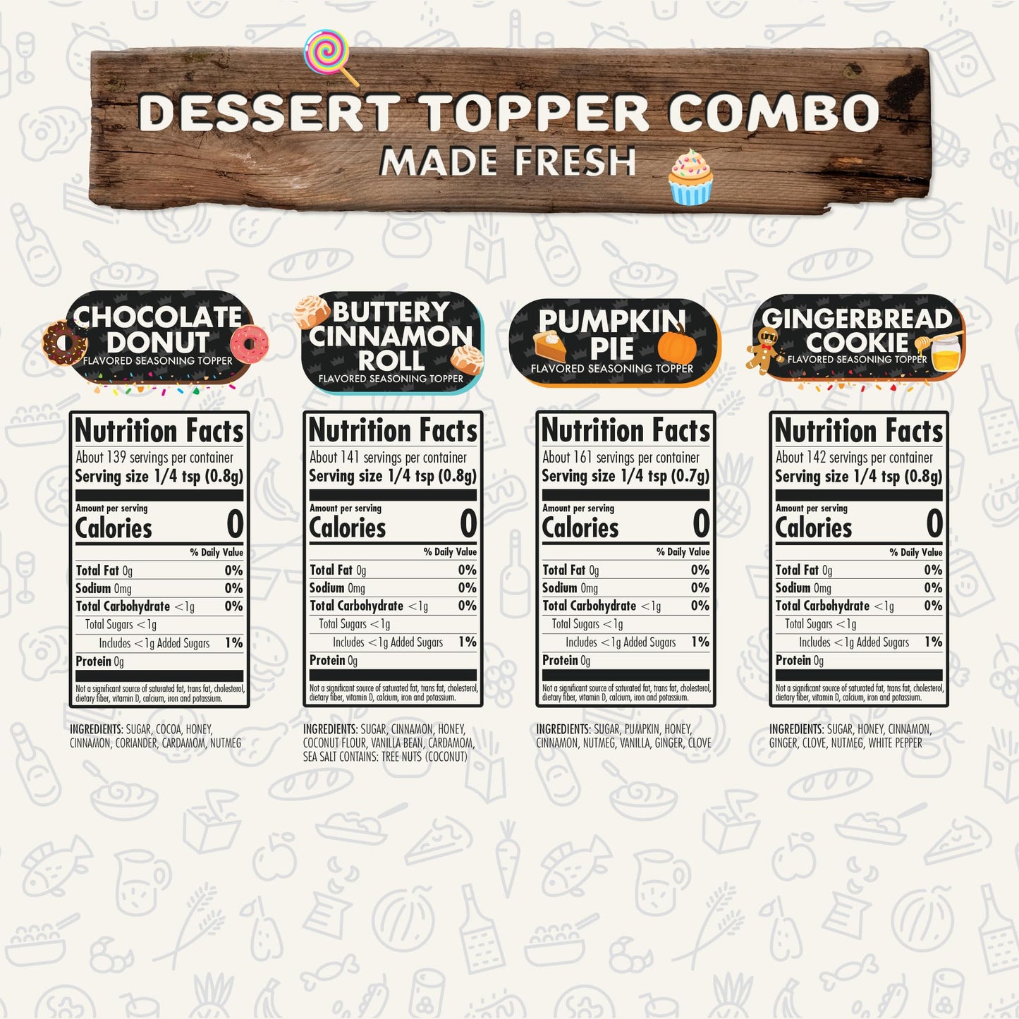 Flavor God Dessert Topper Combo Pack of 4 - Buttery Cinnamon Roll, Chocolate Donut, Gingerbread Cookie, Pumpkin Pie - Gluten-Free, Kosher