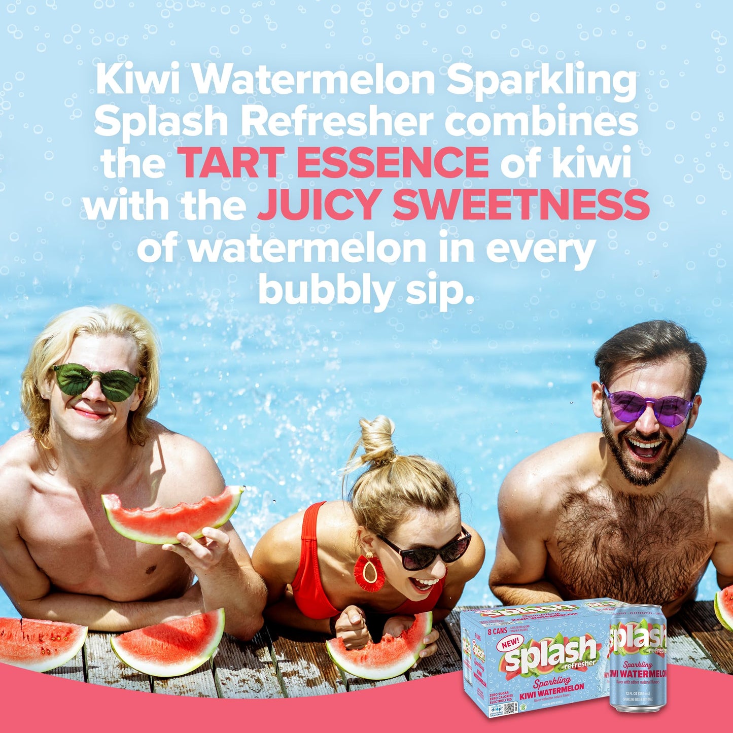 Splash Refresher Sparkling Water, Kiwi Watermelon - 8-Pack, 12 Fl Oz Cans - Flavored Carbonated Seltzer Water with Electrolytes,
