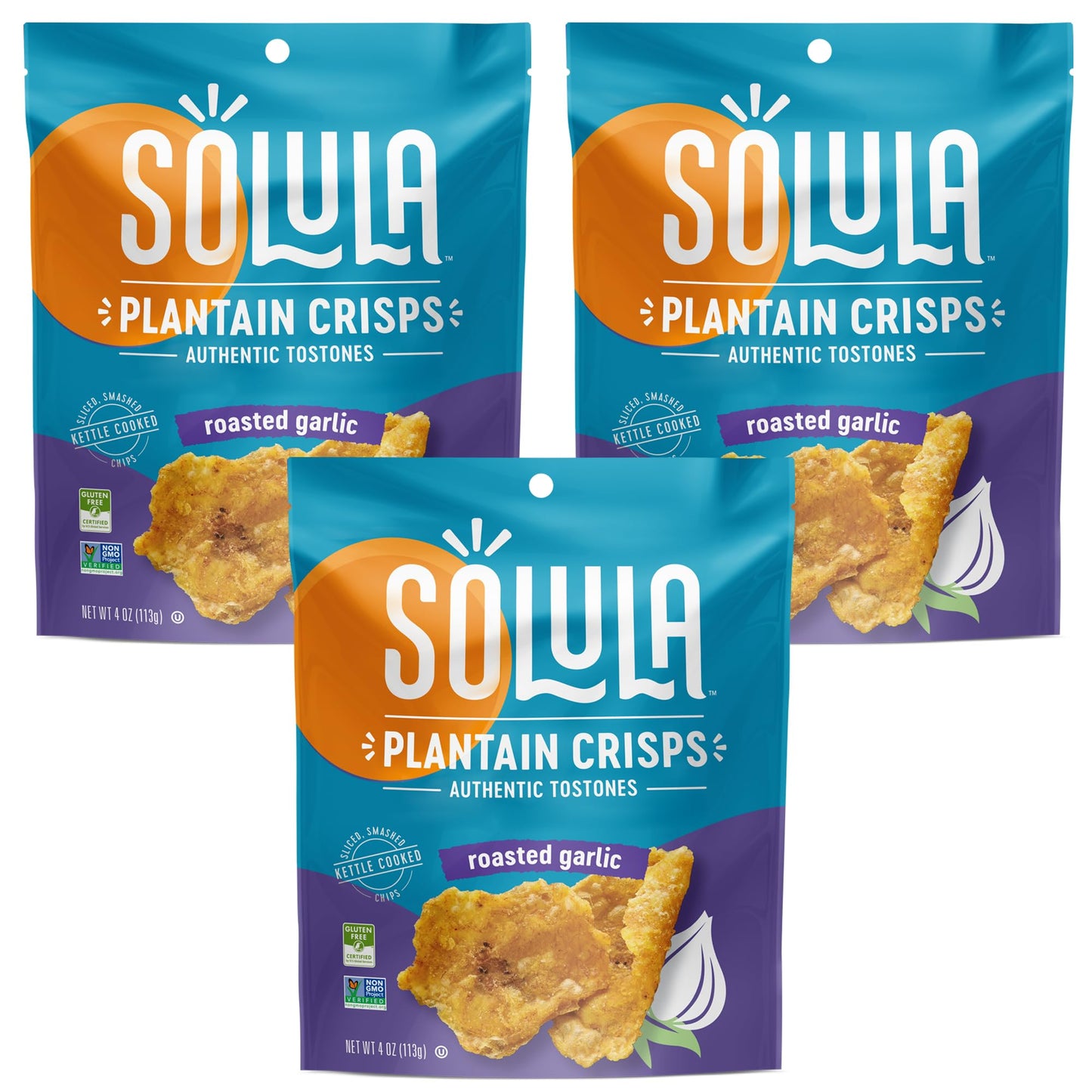 Solula Plantain Crisps Authentic Tostones, Roasted Garlic, 4 Ounce (Pack of 3), Kettle Cooked Chips, Gluten Free, Paleo Friendly