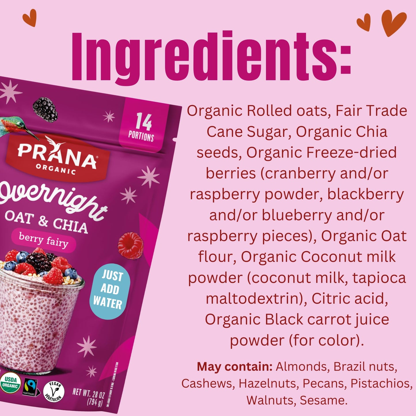 Prana Organic Overnight Chia With Oats Berry Fairy | Rich In Fiber & Protein, Vegan, Non-Gmo | Ready To Eat Breakfast - 28 Oz Ba