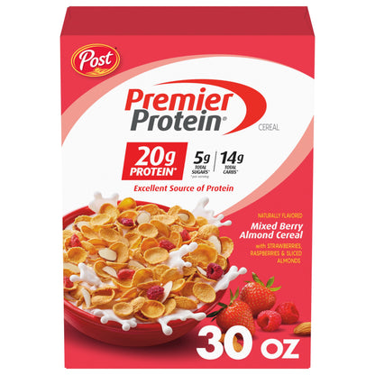 Premier Protein Mixed Berry Almond cereal, high protein cereal, protein rich breakfast or snack made with real berries and almon