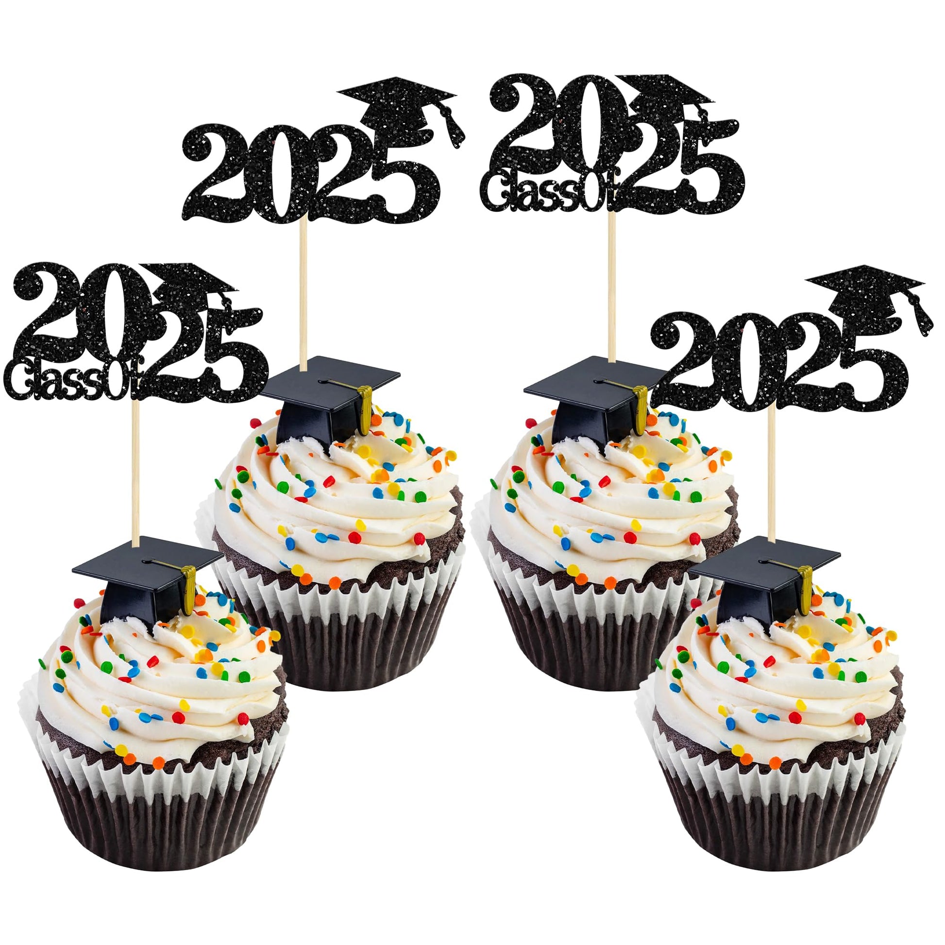 Gyufise 24Pcs Graduation Cupcake Toppers, Glitter 2025, Diploma & Grad Cap Picks, Blue, Party Decorations for Class of 2025