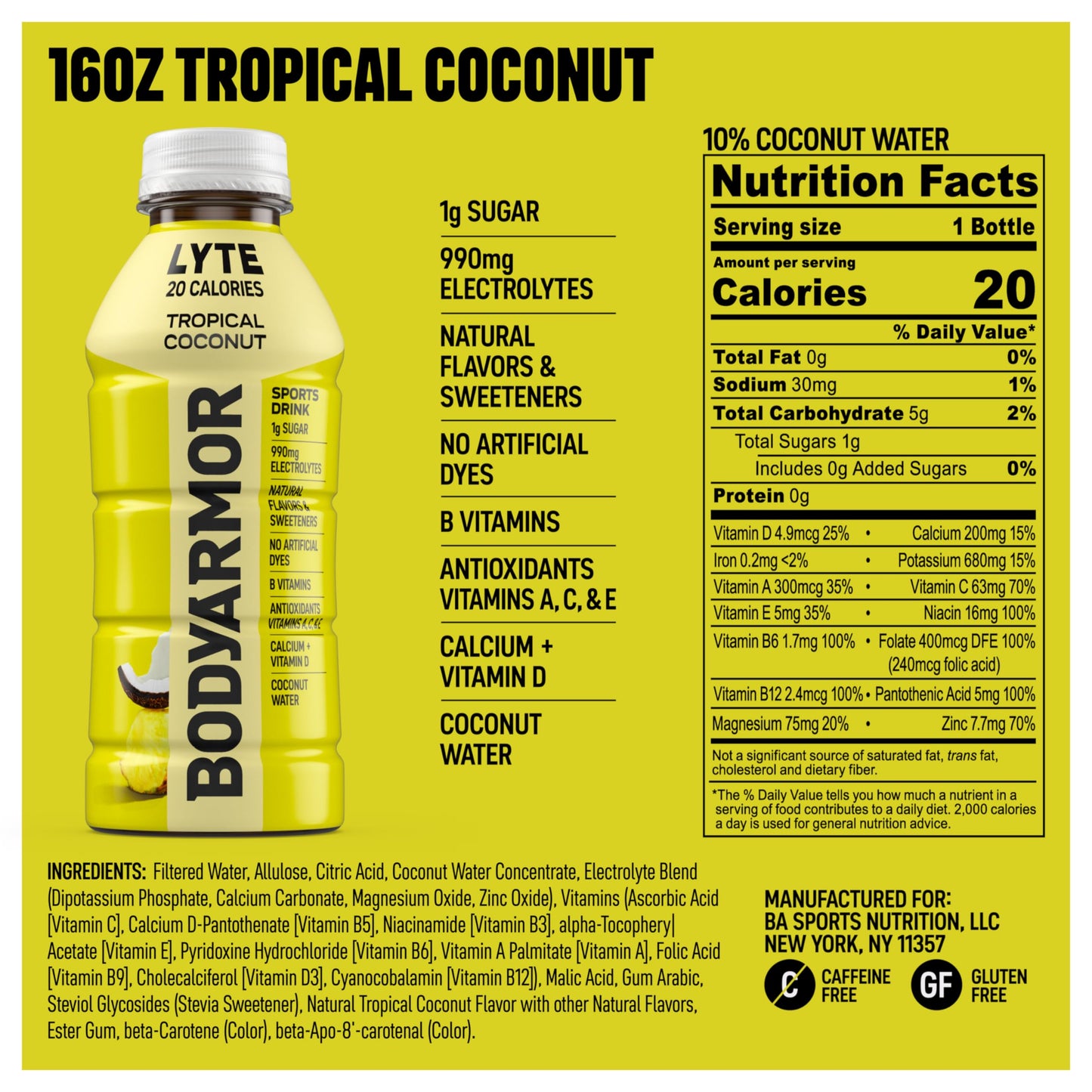 BODYARMOR LYTE Sports Drink Low-Calorie Sports Beverage, Tropical Coconut, Coconut Water Hydration, Natural Flavors With Vitamin