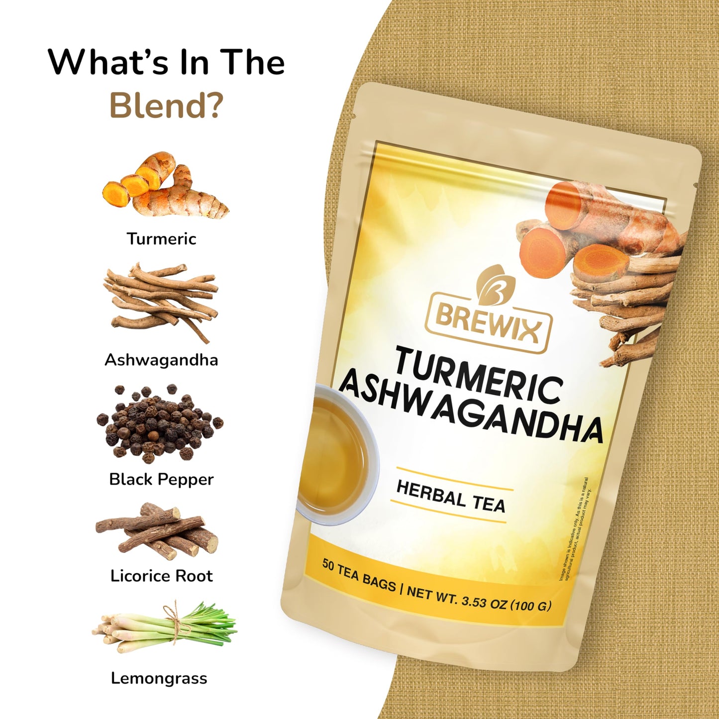 BREWIX Turmeric Ashwagandha Herbal Tea, 50 Pyramid Tea Bags, Caffeine Free, Gluten Free, Stress & Mood Support