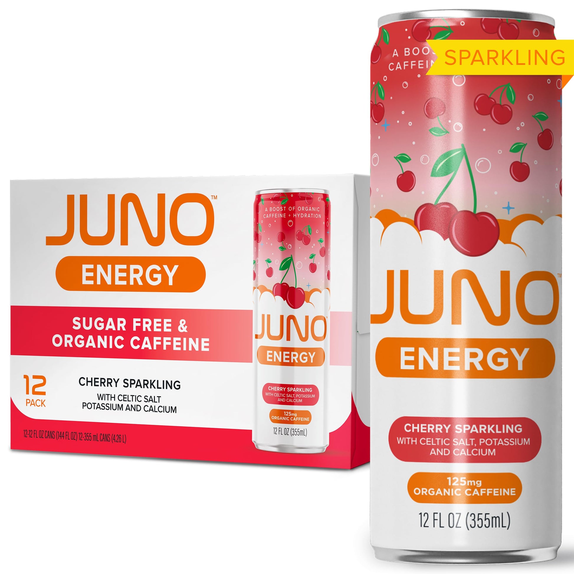 JUNO ENERGY Organic Cherry Sparkling Drink - Sugar Free Electrolytes  Energizing and Hydrating with 125mg Organic Caffeine from Green Coffee Beans  Organic Monk Fruit  Organic Sour and Black Cherry Juice & Electrolytes - Vegan  Gluten Free  12 Pack