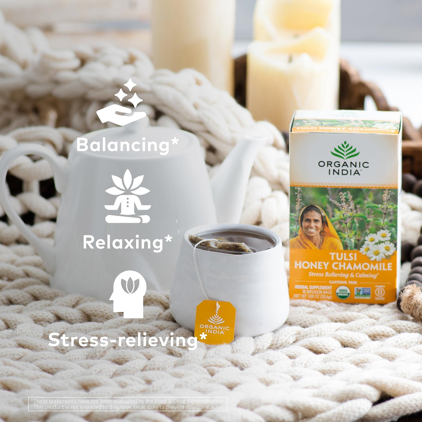 Organic India Tulsi Honey Chamomile Herbal Tea, Stress Relieving, Immune Support, Caffeine-Free, 18 Infusion Bags, 1 Pack