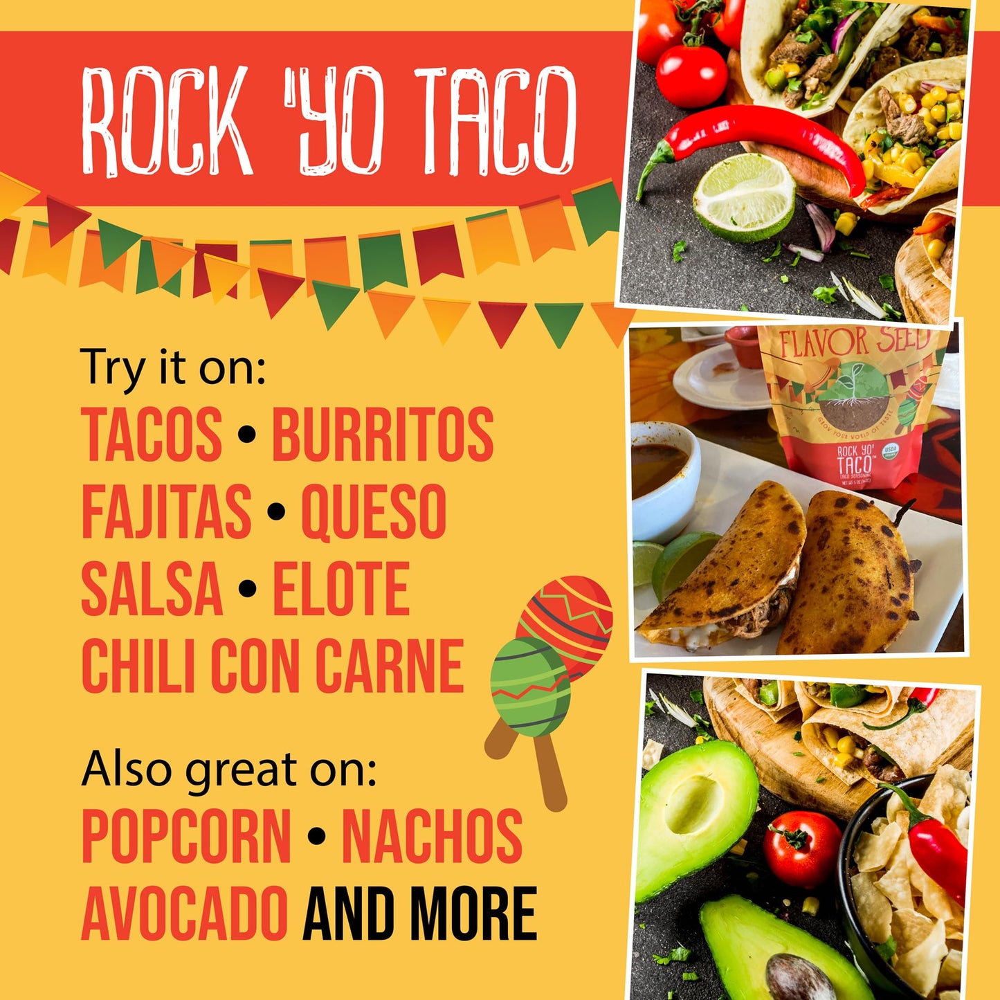 Flavor Seed Rock Yo Taco Organic Taco Seasoning Mix. Mexican Seasoning. Popcorn Seasoning. Seasonings And Spices For Cooking, Gl