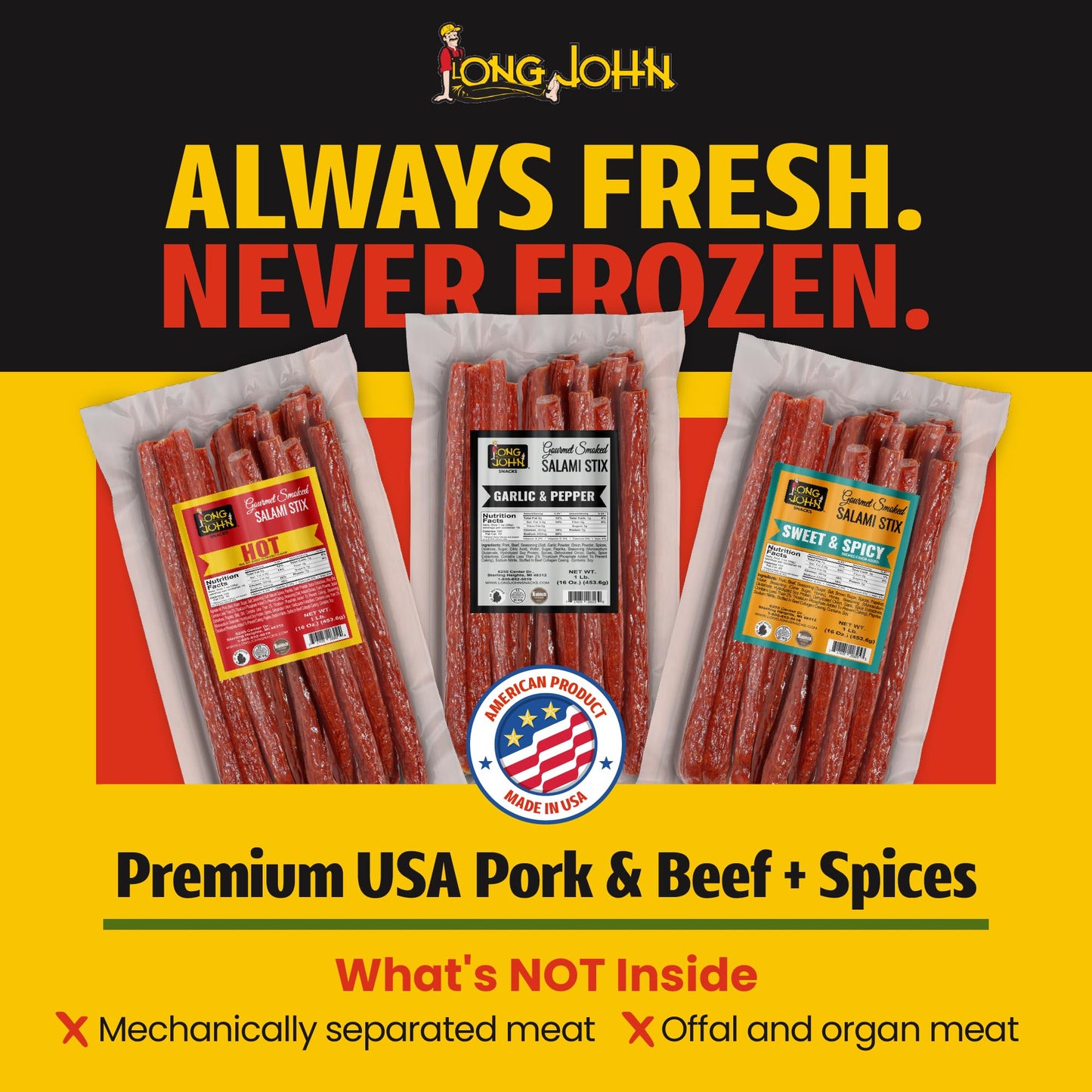 Long John Snacks Dried Salami Sticks - High Protein Smoked Meat Sticks Bulk Pack - Handcrafted From Fresh Enhanced Cuts Of Usa Beef And Pork - Low Carb, Gluten-Free, Keto Snacks - Hot, 16 Oz