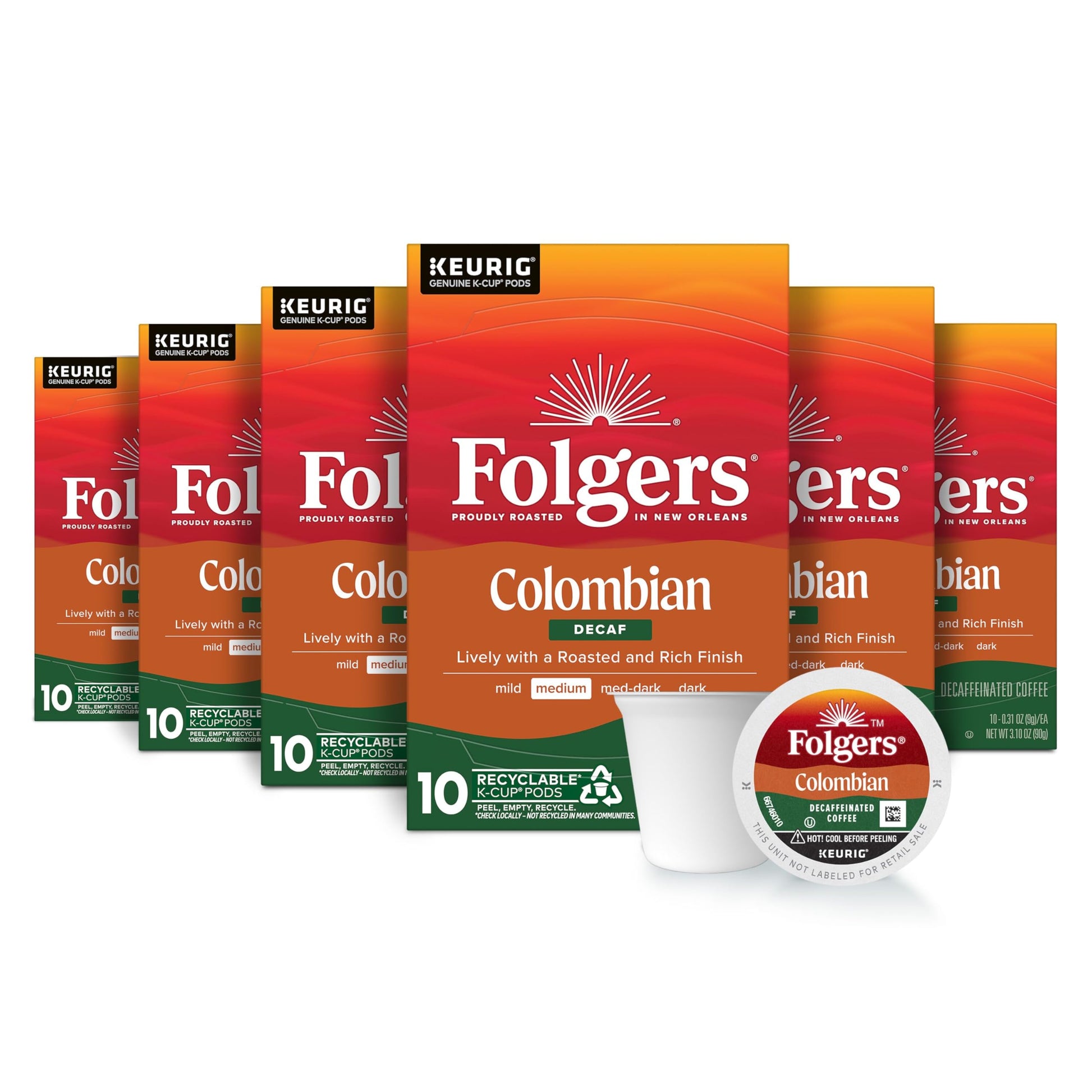 Folgers Colombian Decaf Coffee  Medium Roast  Keurig K-Cup pods  10 Count Box (Pack of 6)