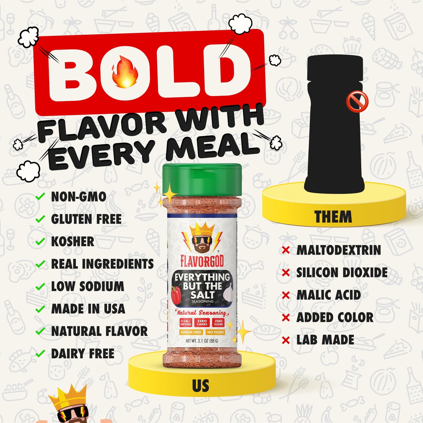 No Salt Seasoning  Everything but the Salt Seasoning by Flavor God  No Sodium  Natural  Garlic  Chili & Black Pepper  Salt Substitute  Salt Free  Spices with Flavor  Low Sodium Vegan  Popcorn  Pasta